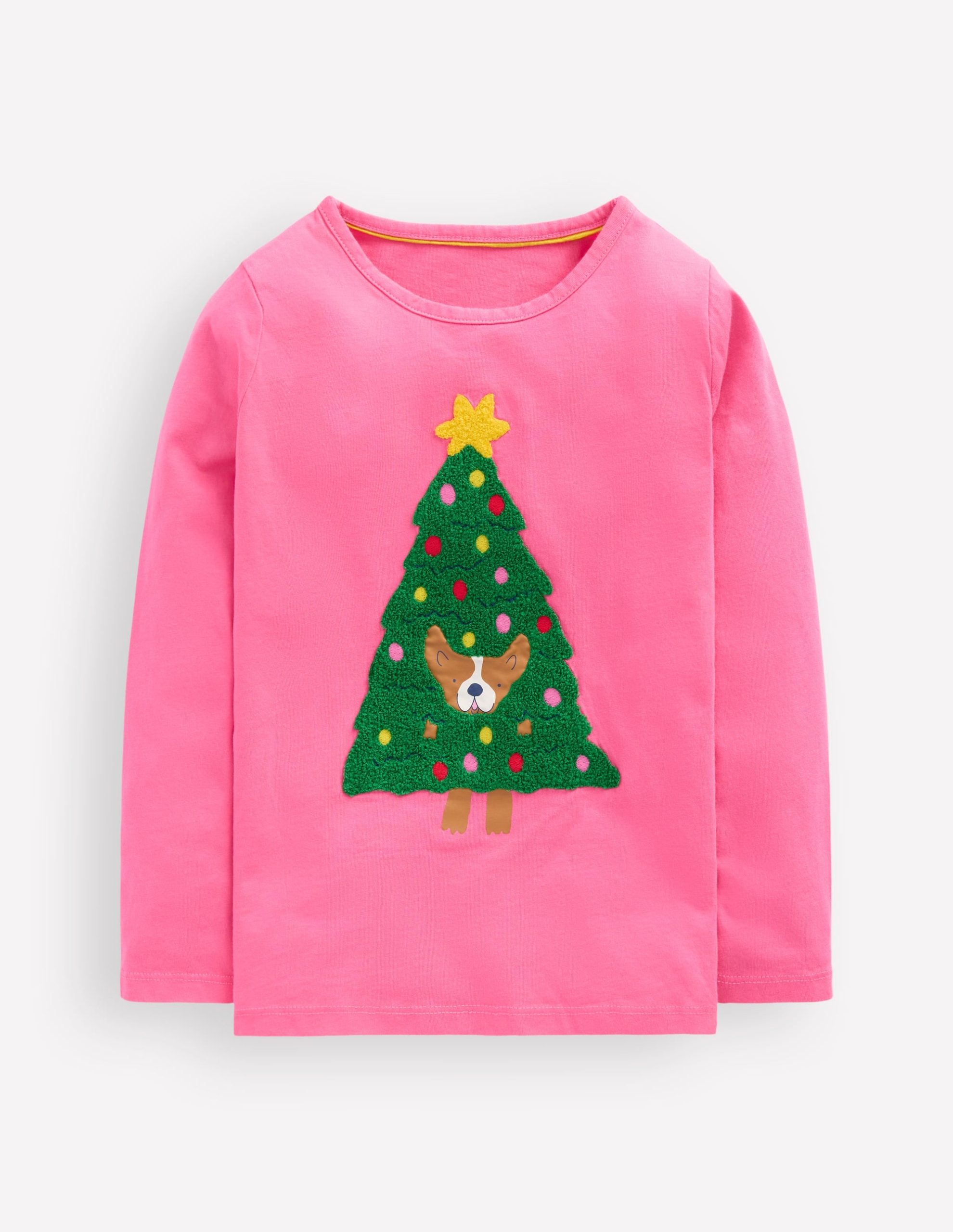 Long Sleeve Boucl?? T-shirt-Pink Christmas Tree Dog