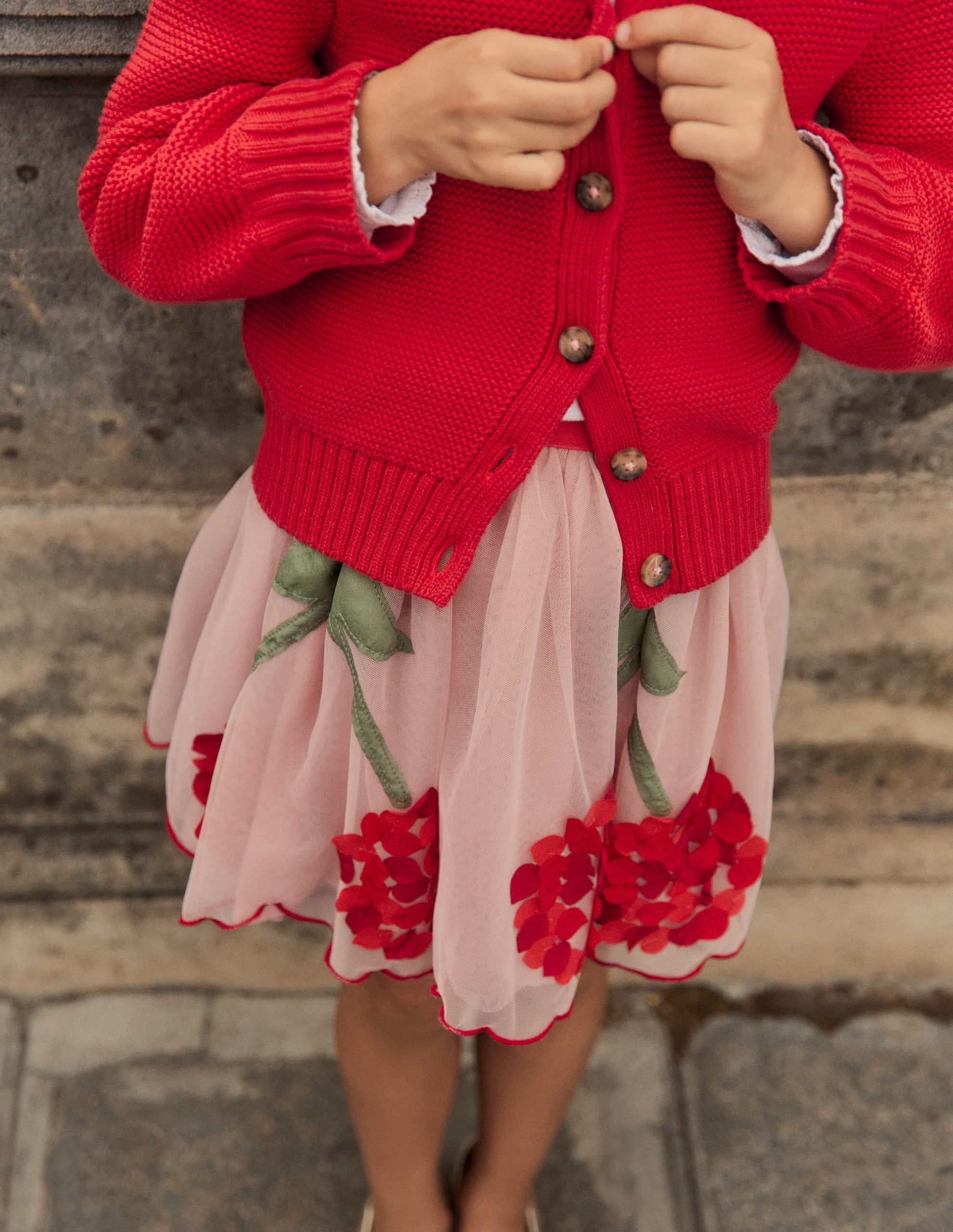 Appliqu?? Tulle Skirt-Vintage Pink Cherries