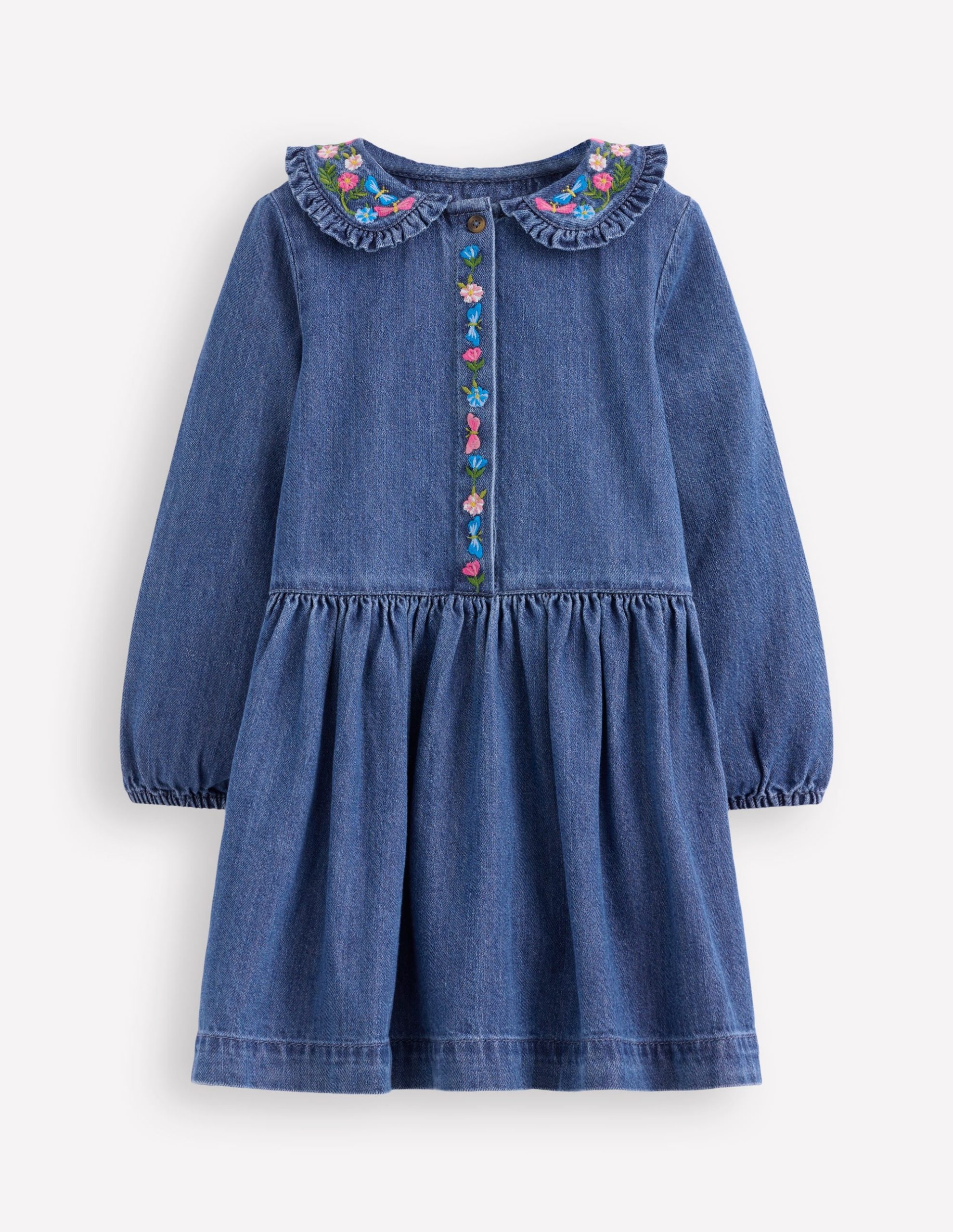 Denim Embroidered Collar Dress-Mid Vintage Denim - Image 2