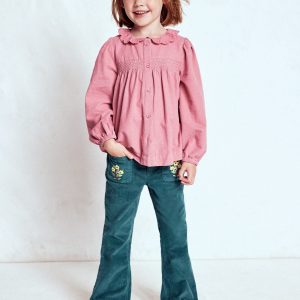 Scalloped Collar Smocked Shirt-Pink Cord