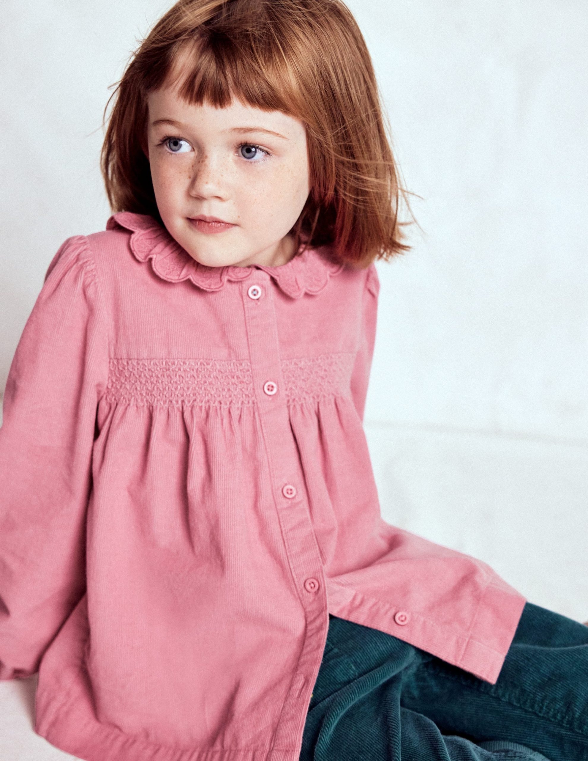 Scalloped Collar Smocked Shirt-Pink Cord - Image 2