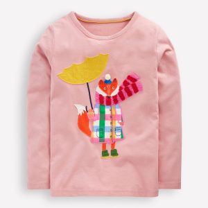 Long Sleeve Appliqu?? T-shirt-Vintage Pink Weather Fox