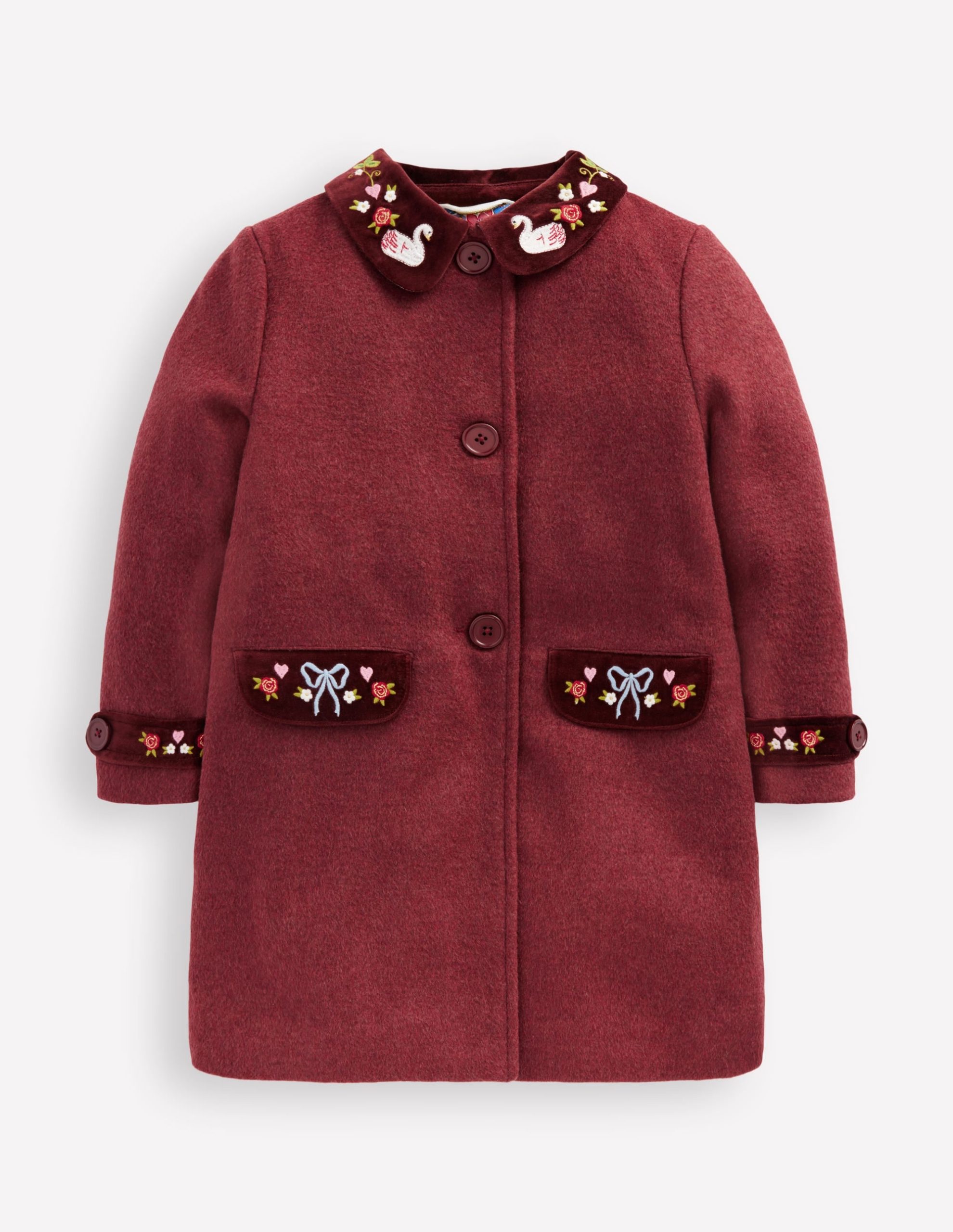 Wool Blend Coat-Chestnut Swan Embroidery