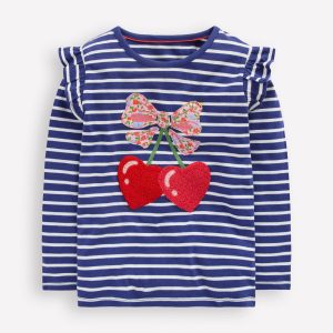 Frill Sleeve Appliqu?? T-shirt-Starboard Blue Cherry Hearts