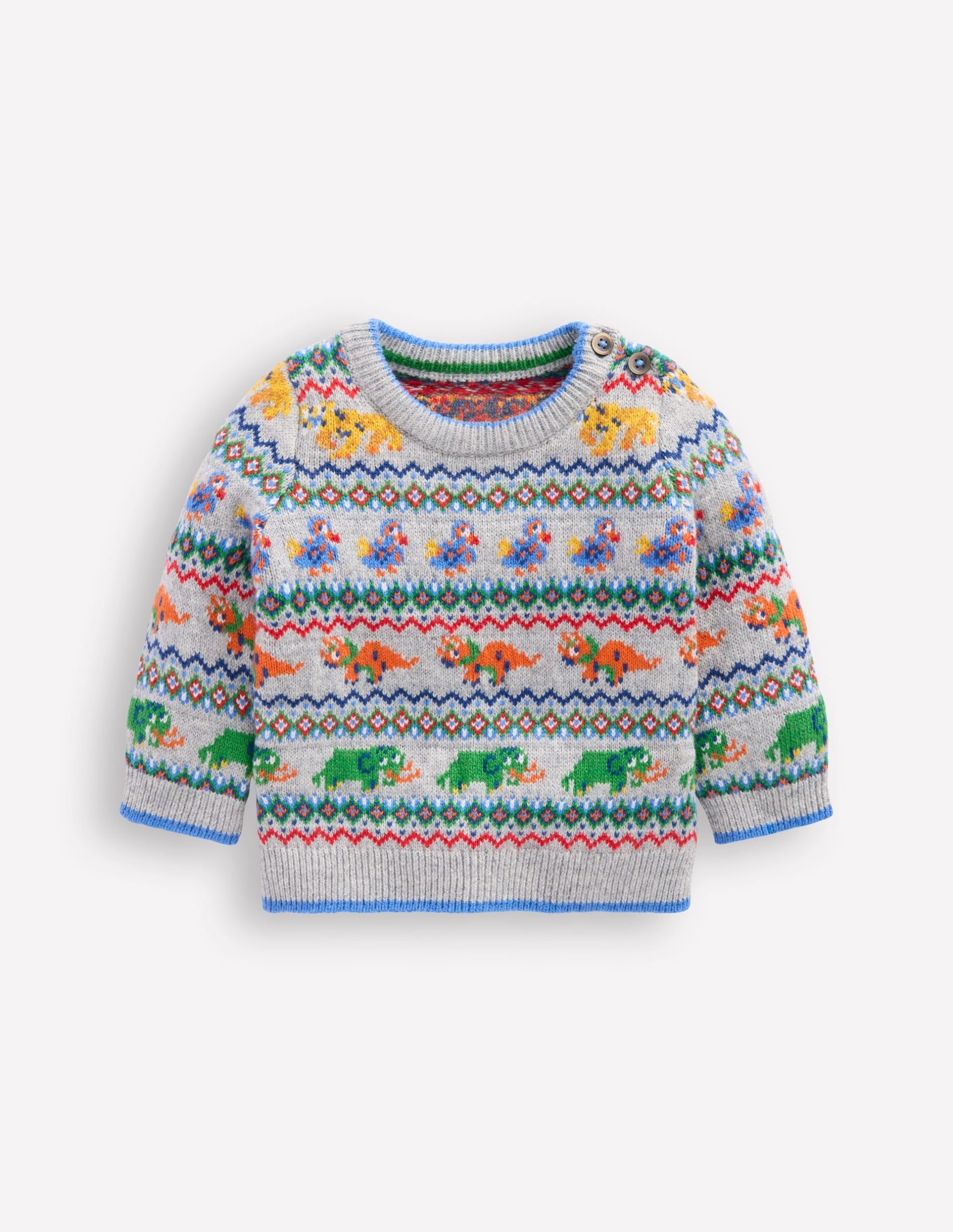 Fair Isle Button Jumper-Grey Marl Prehistoric Animals - Image 2