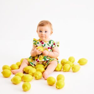 Woven Frill Dress-Soft Ivory Lemons and Cherries