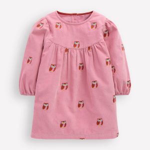 Yoke Detail Woven Dress-Pink Embroidered Owls