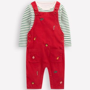 Novelty Cord Dungaree Set-Red Christmas Embroidery