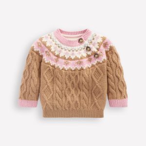 Girls Fair Isle Cable Sweater-Camel Melange Fair Isle