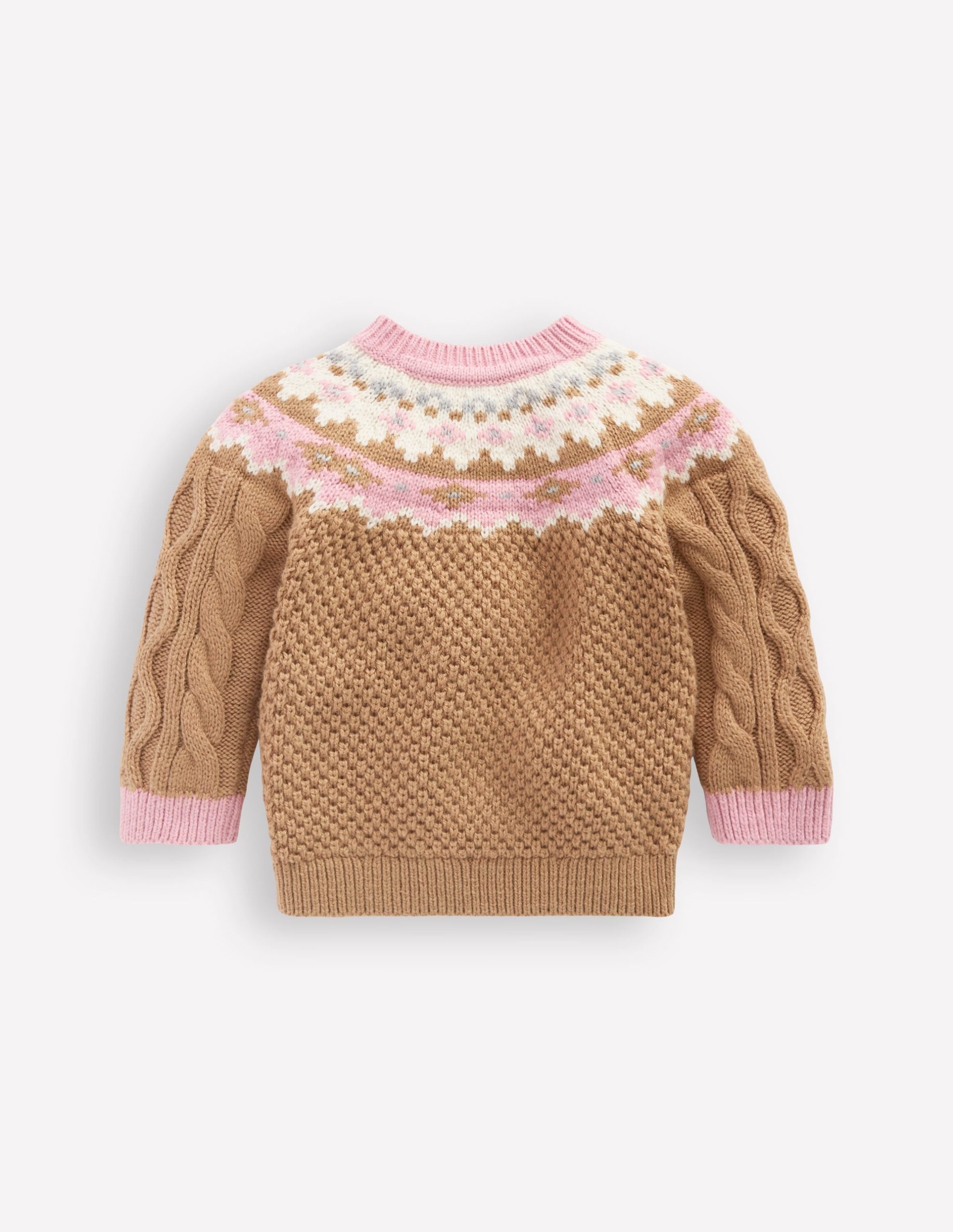 Girls Fair Isle Cable Sweater-Camel Melange Fair Isle - Image 2