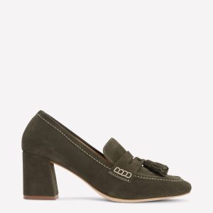 Sol Block Heeled Penny Loafers-Dark Moss