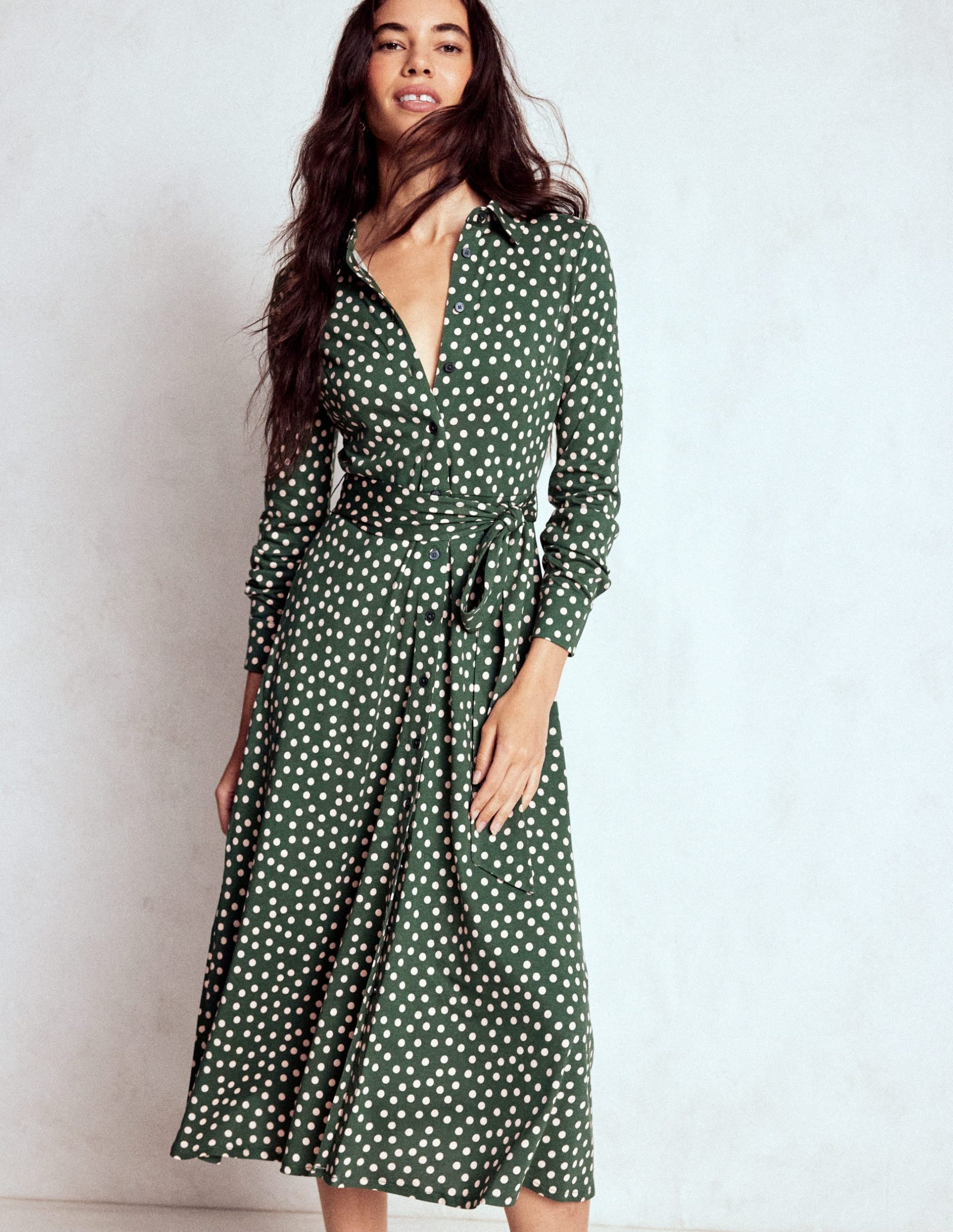 Marcia Jersey Shirt Dress-Hunter Green. Painted Dot