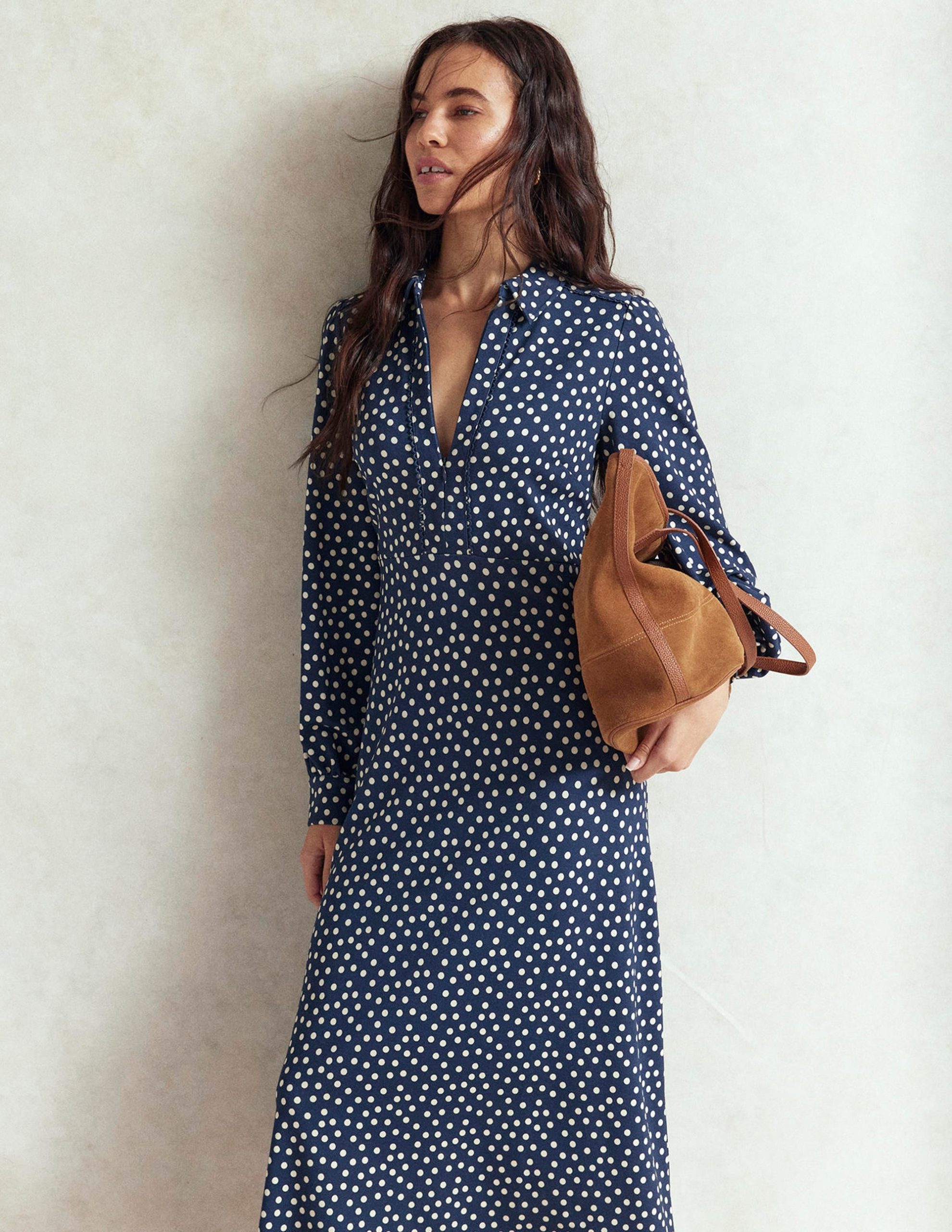 Pip Zip-Up Ponte Midi Dress-French Navy. Painted Dot
