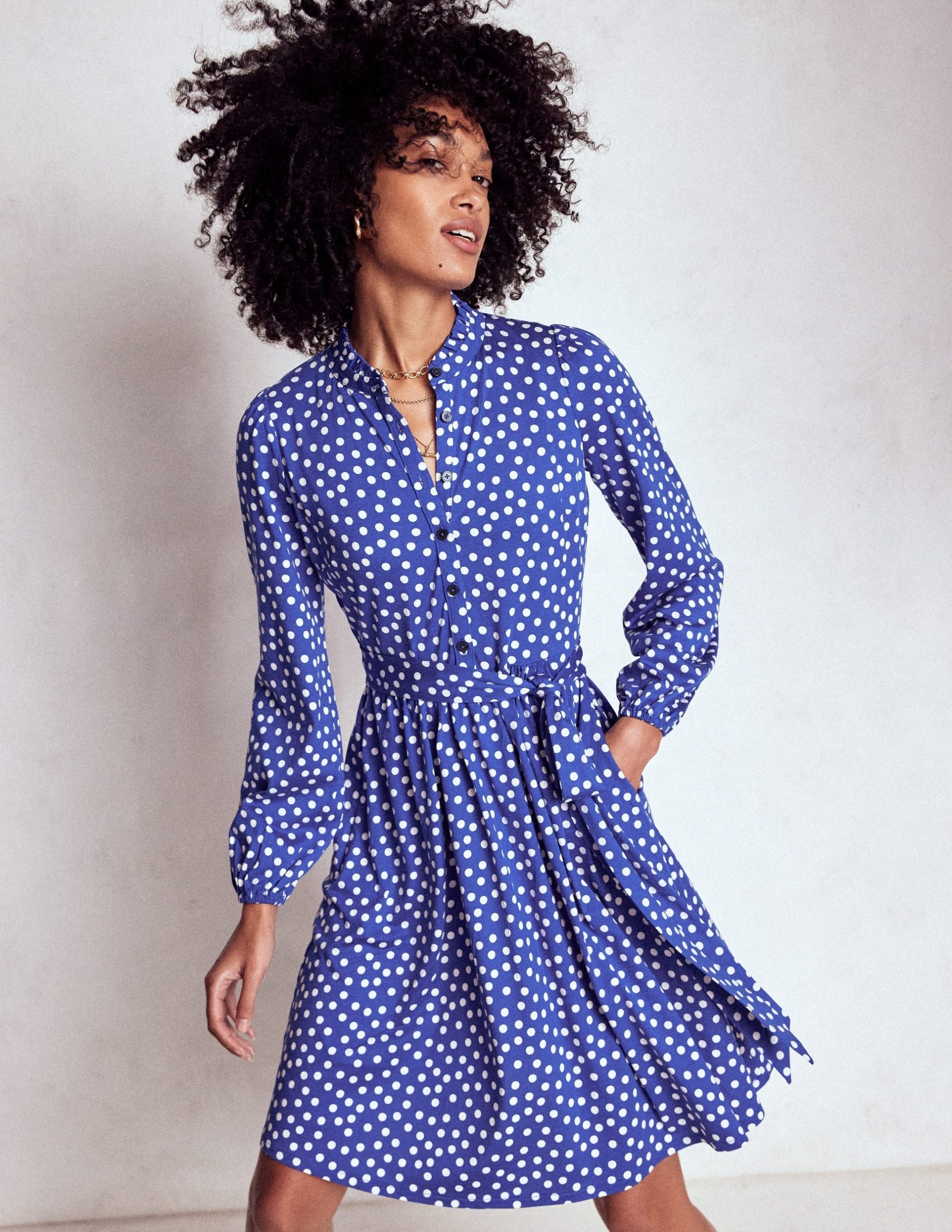 Willow Ruffle Neck Shirt Dress-Bright Blue. Dot - Image 4