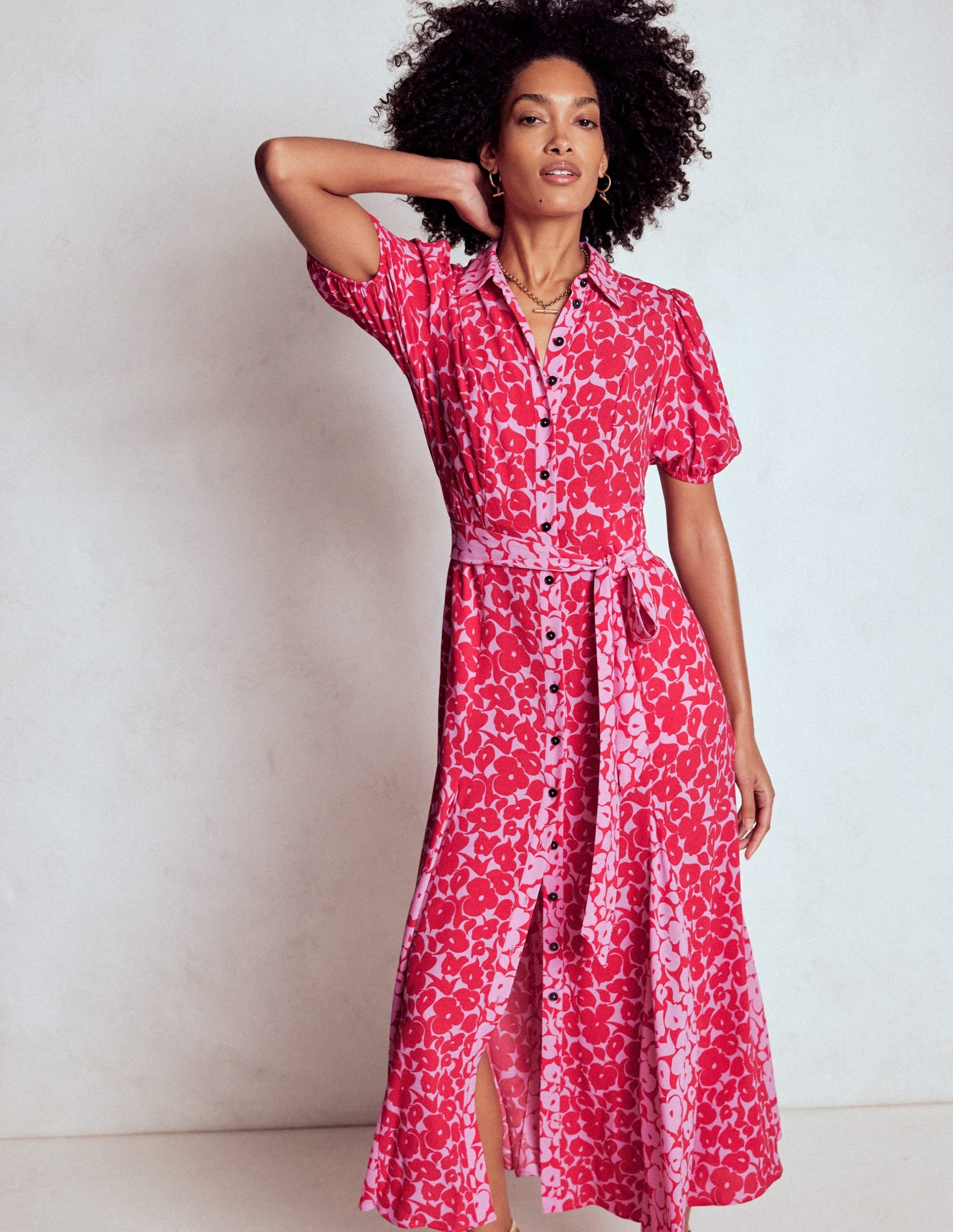 Alegra Midi Shirt Dress-Jewel Red. Leafy Grove - Image 3