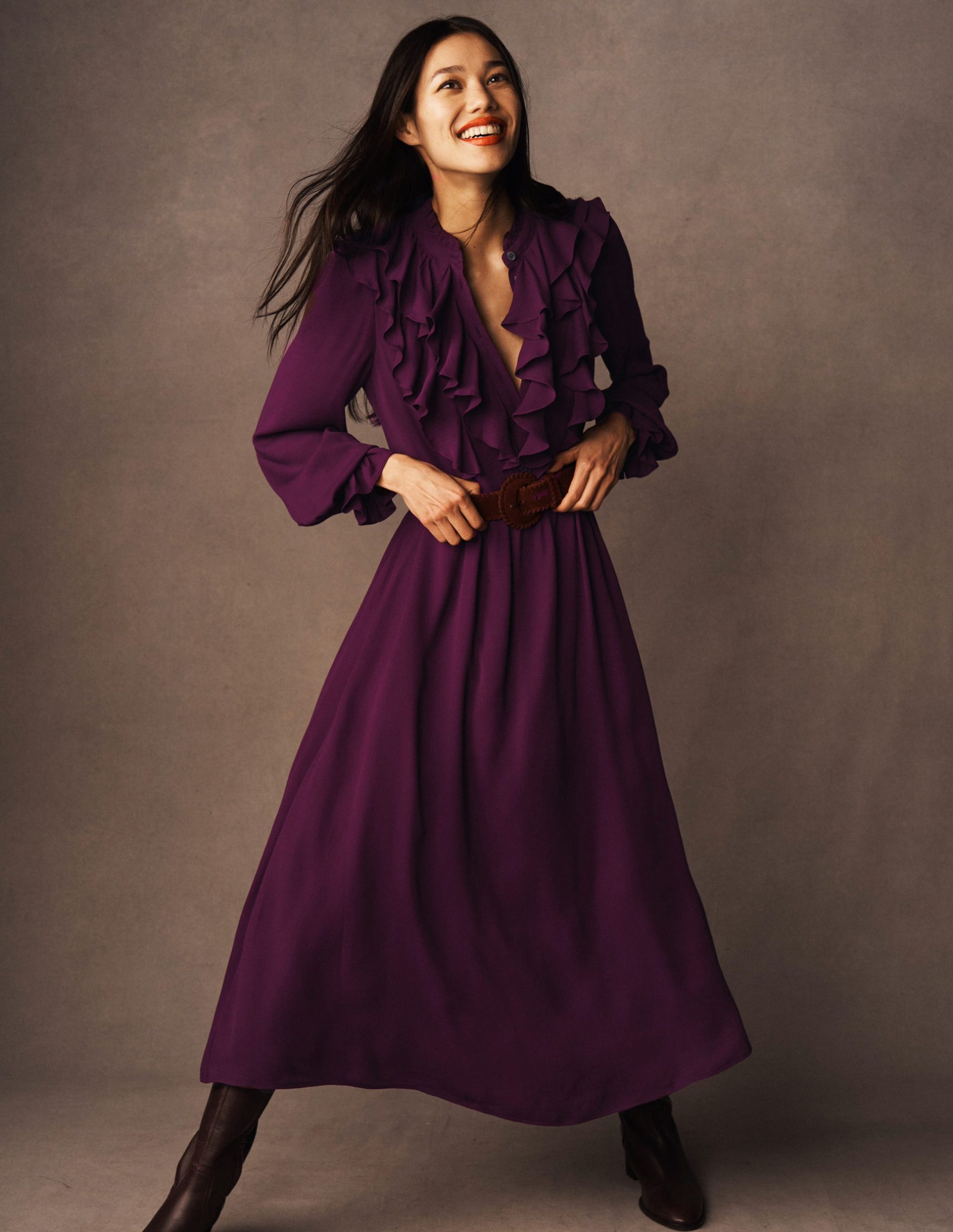 Ruffle Front Shirt Dress-Dark Cherry - Image 6