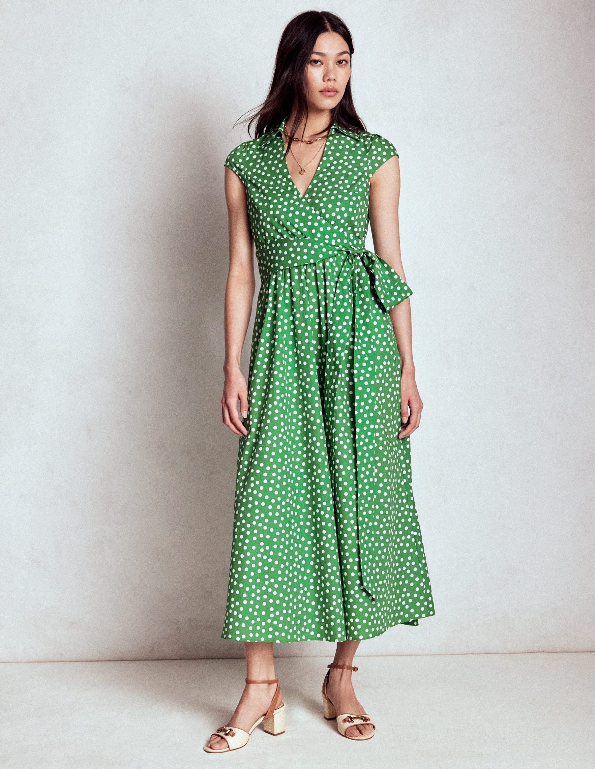 Julia Cotton Wrap Midi Dress-Highland Green. Painted Dot