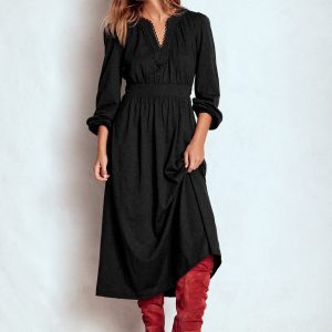 Maddie Picot Trim Midi Dress-Black