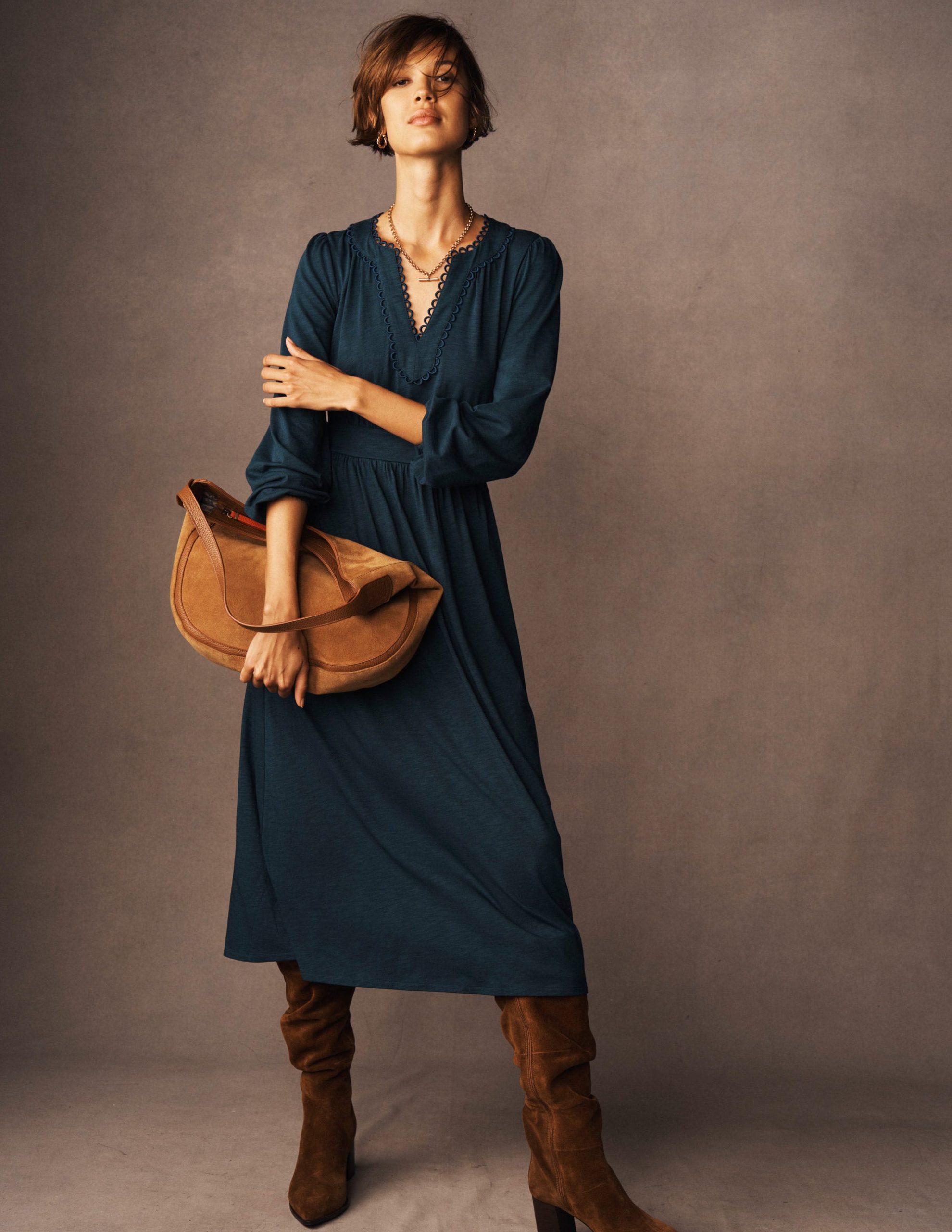 Maddie Picot Trim Midi Dress-Midnight Teal - Image 6