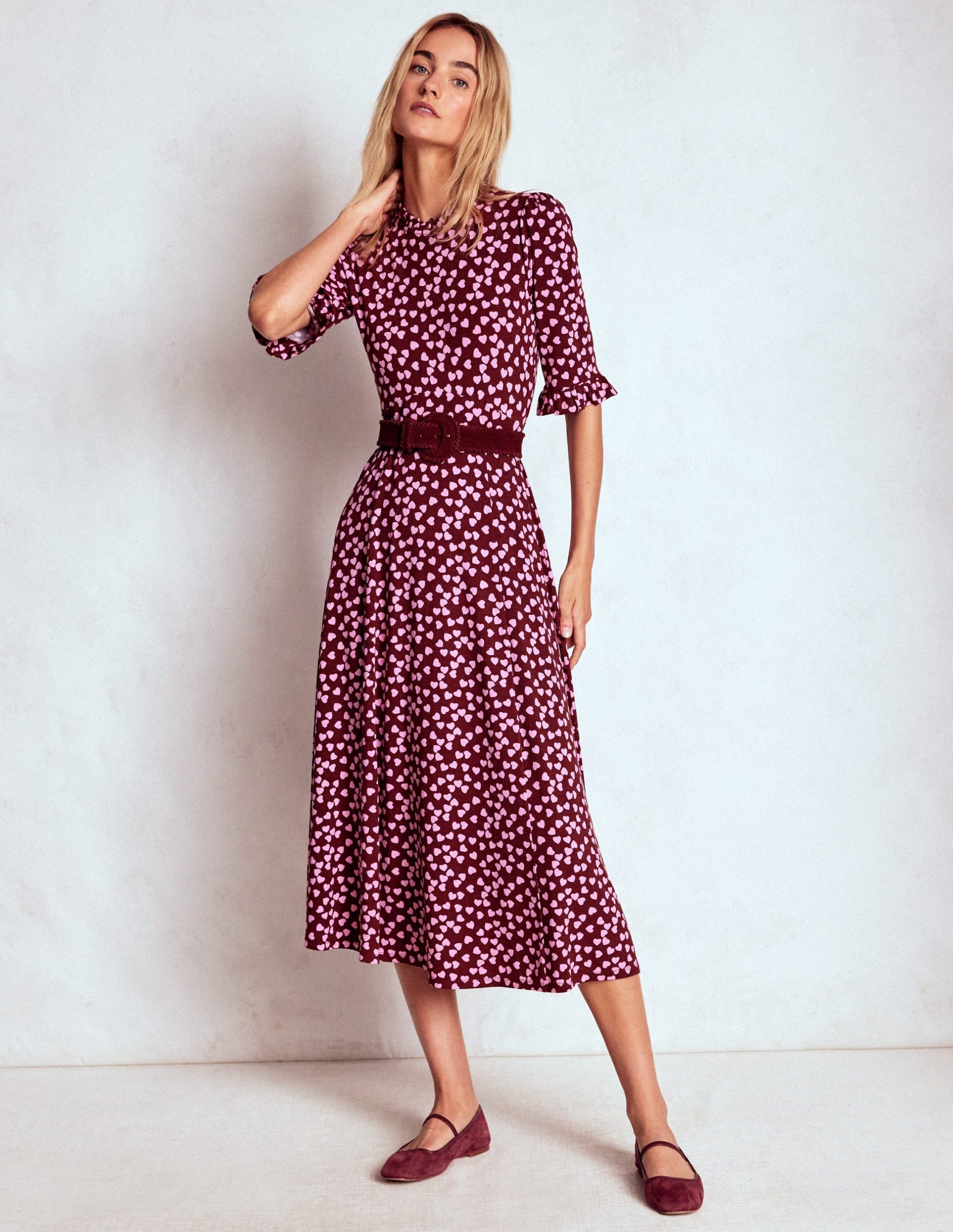 Ruffle Seamed Midi Dress-Chestnut. Heart Cascade