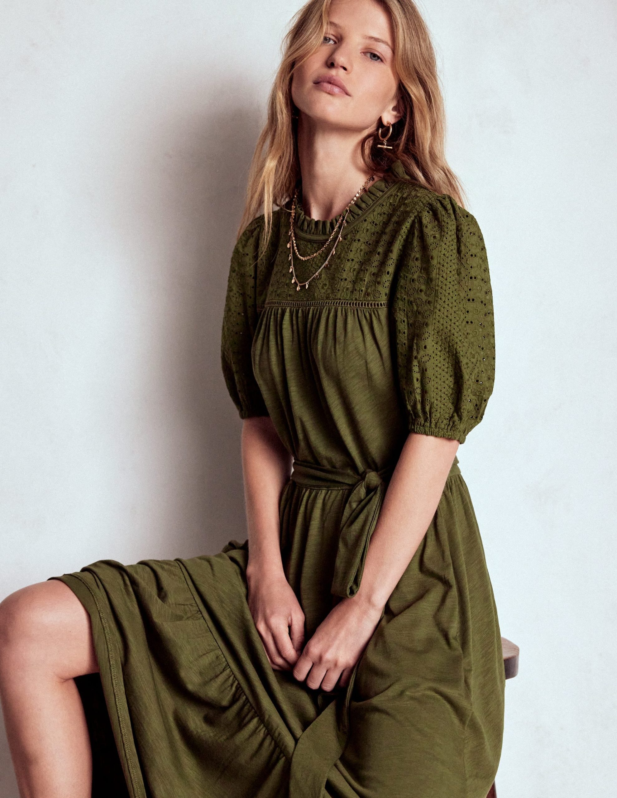 Lorelei Broderie Jersey Dress-Woodland Green