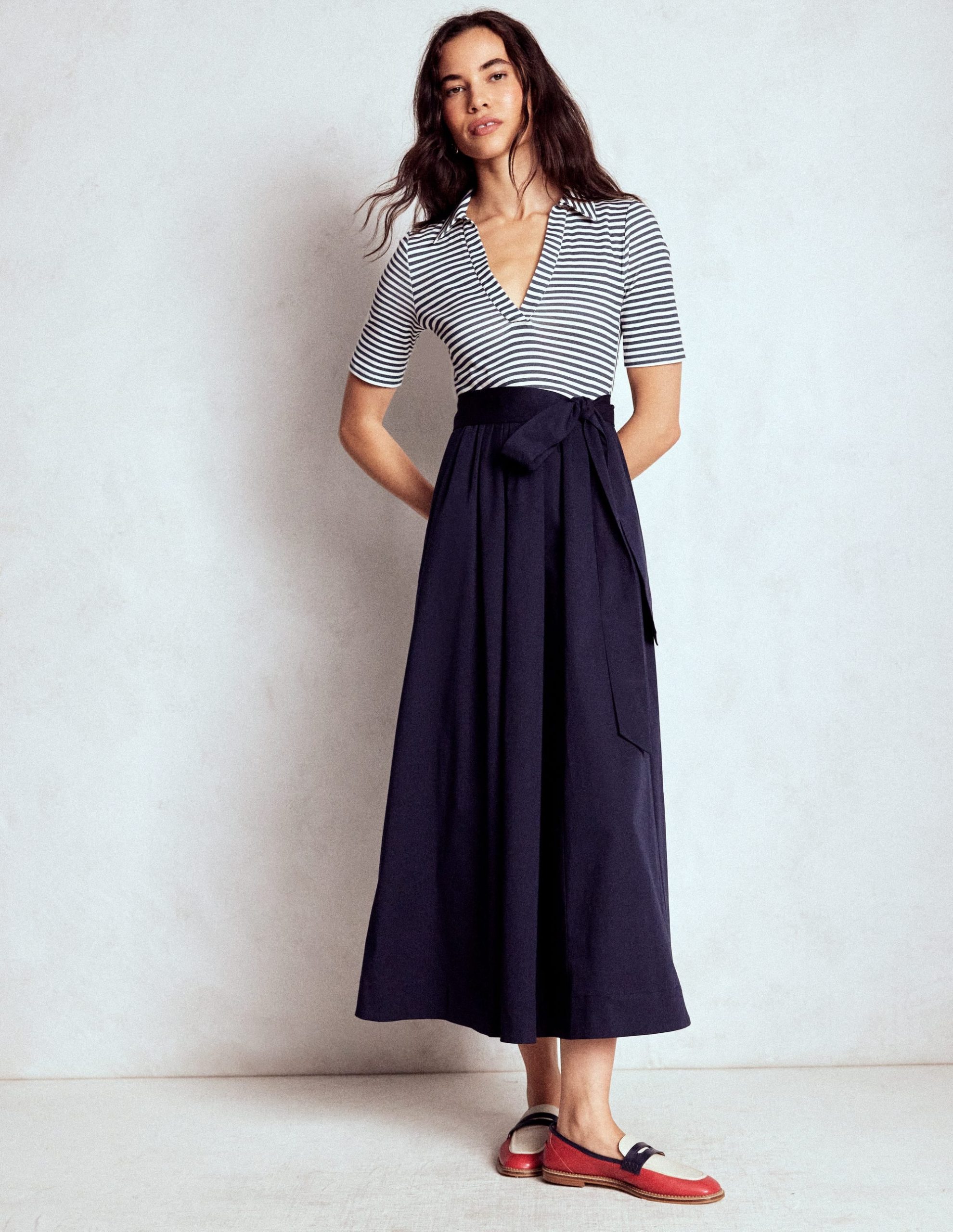Collar Detail Mix Midi Dress-Navy. Ivory Stripe