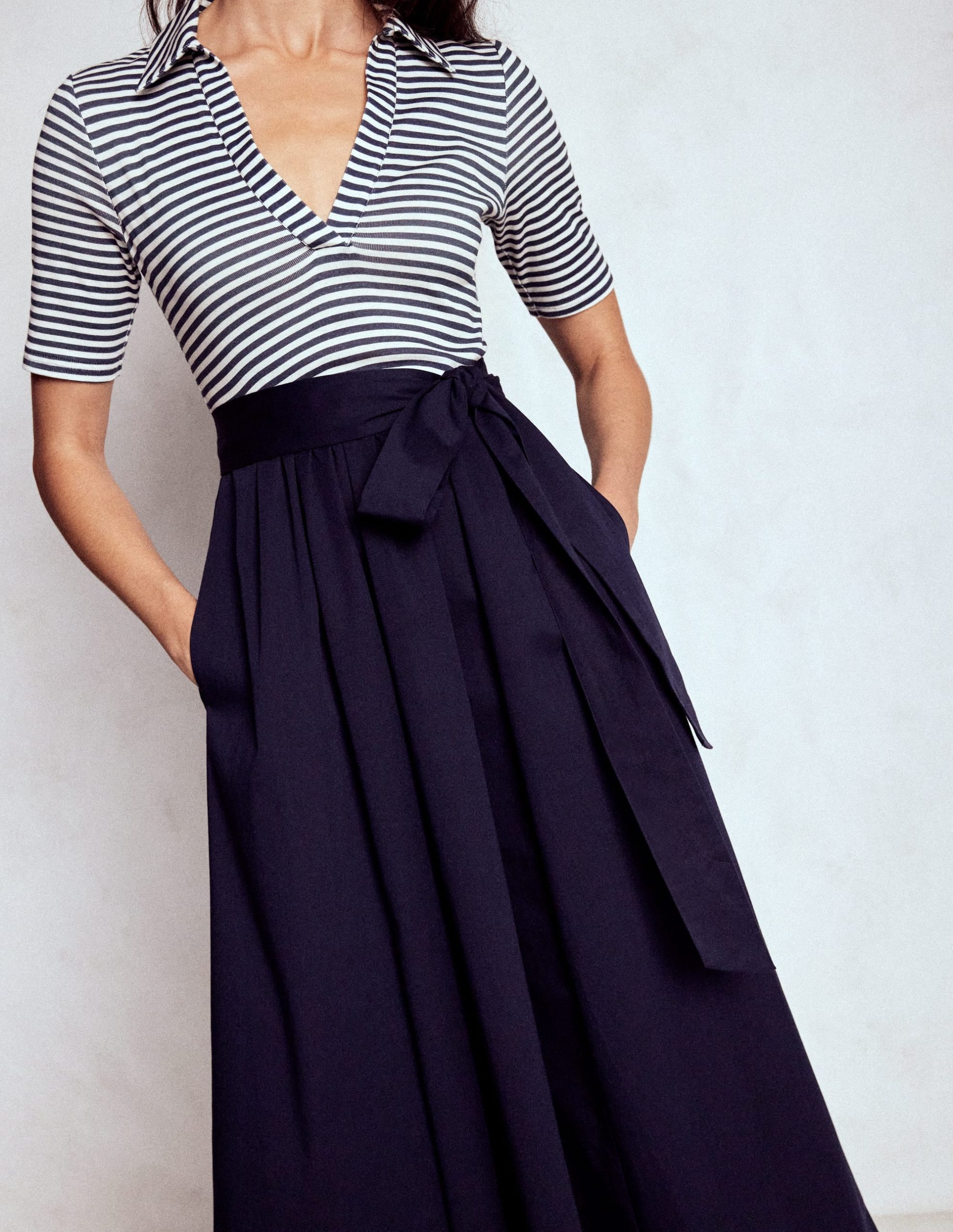 Collar Detail Mix Midi Dress-Navy. Ivory Stripe - Image 5