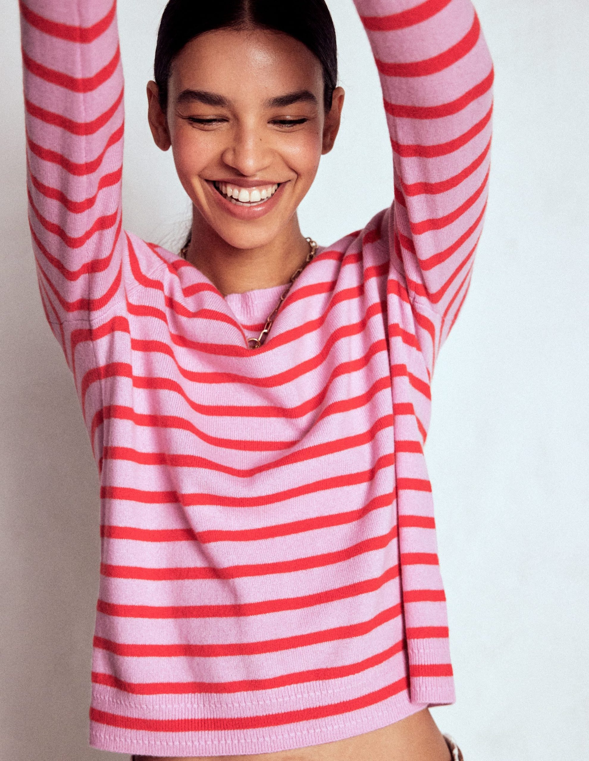 Eva Cashmere Crew Neck Sweater-Pink/ Orange Stripe - Image 2