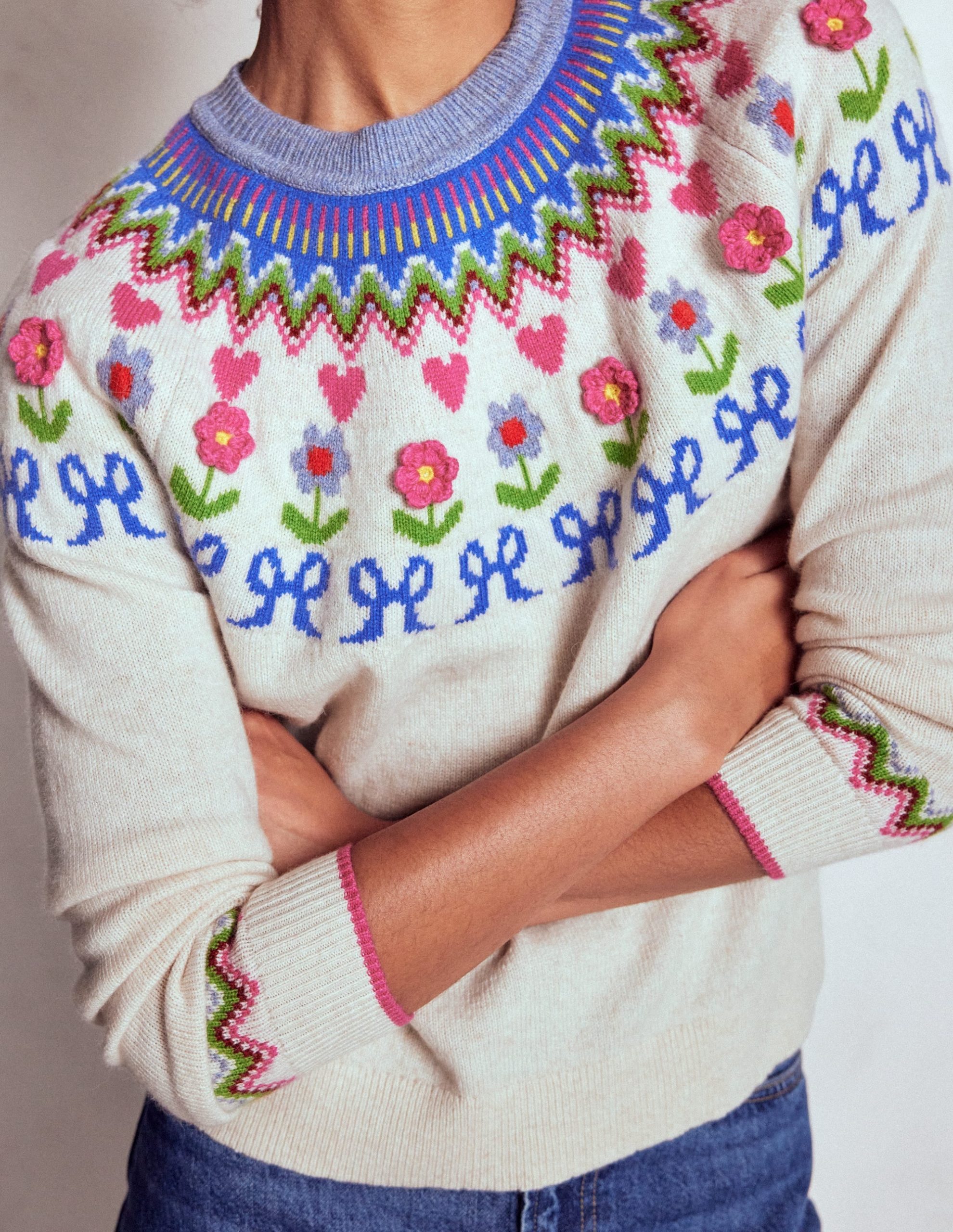 Edie Fair Isle Sweater-Oatmeal Melange. Flowers - Image 3