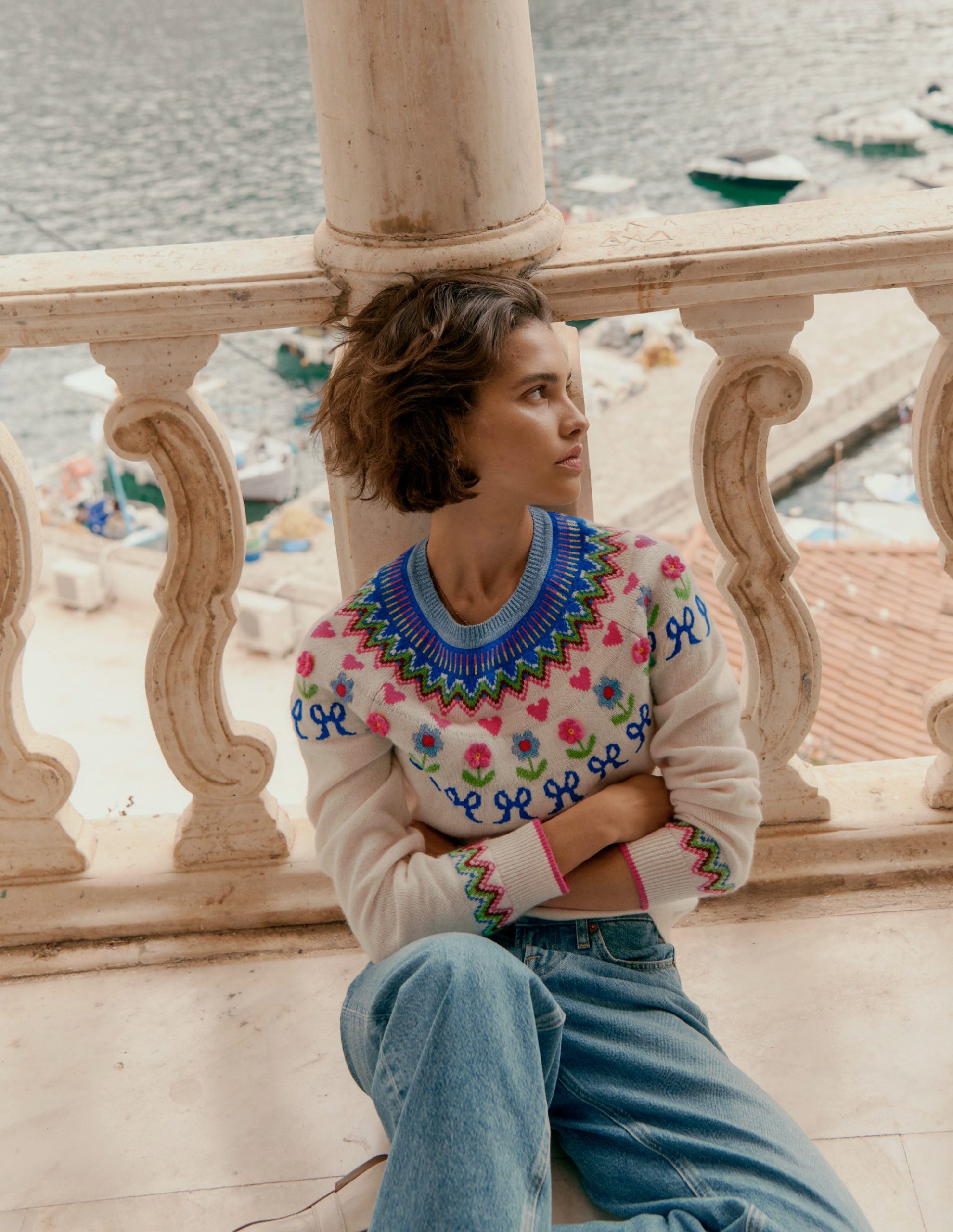 Edie Fair Isle Sweater-Oatmeal Melange. Flowers - Image 2