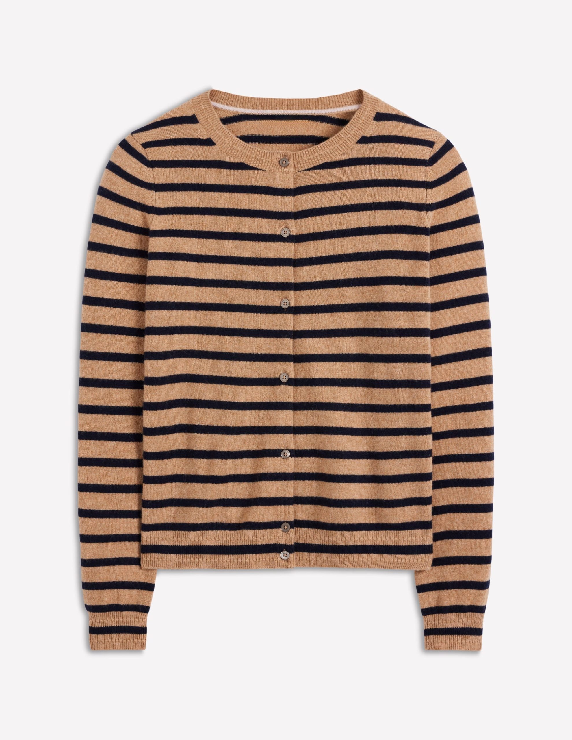 Eva Cashmere Crew Cardigan-Camel Melange/Navy Stripe - Image 7