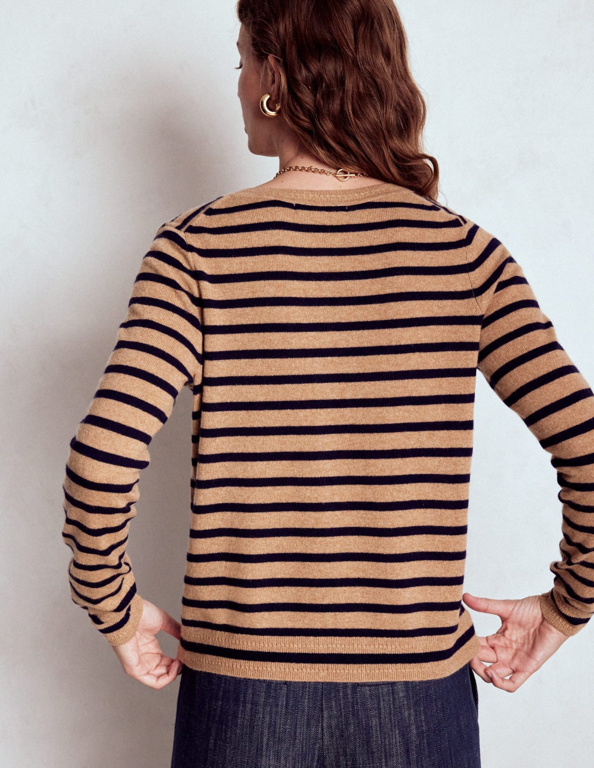 Eva Cashmere Crew Cardigan-Camel Melange/Navy Stripe - Image 4