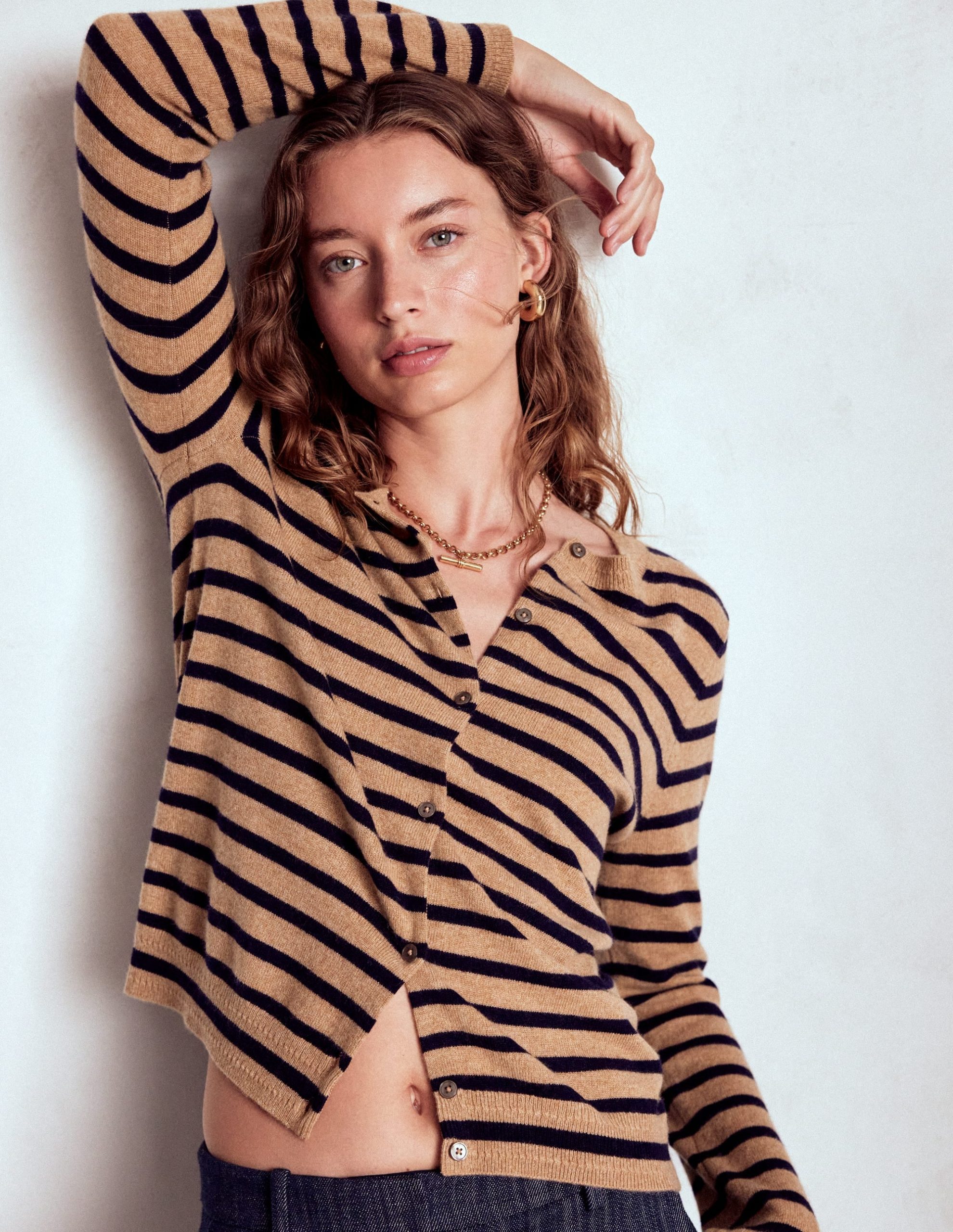 Eva Cashmere Crew Cardigan-Camel Melange/Navy Stripe - Image 5