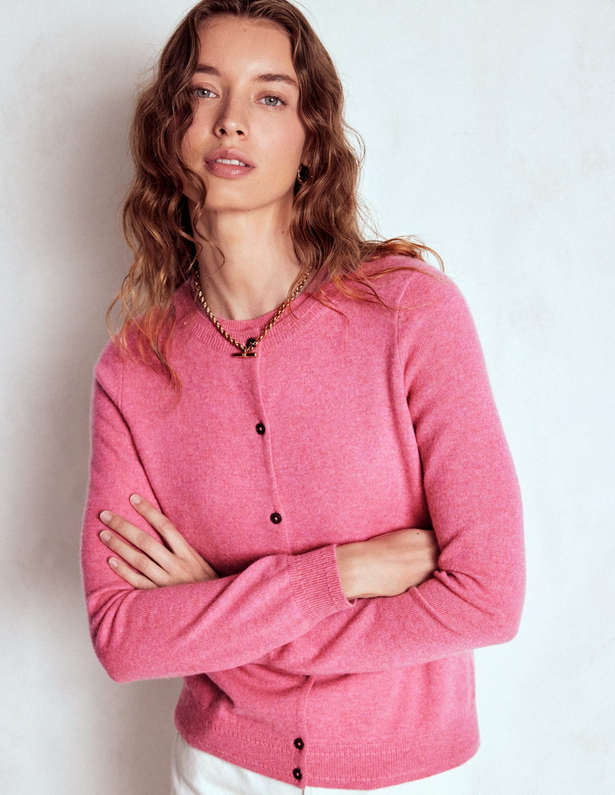 Eva Cashmere Crew Cardigan-Rose Pink Melange - Image 3