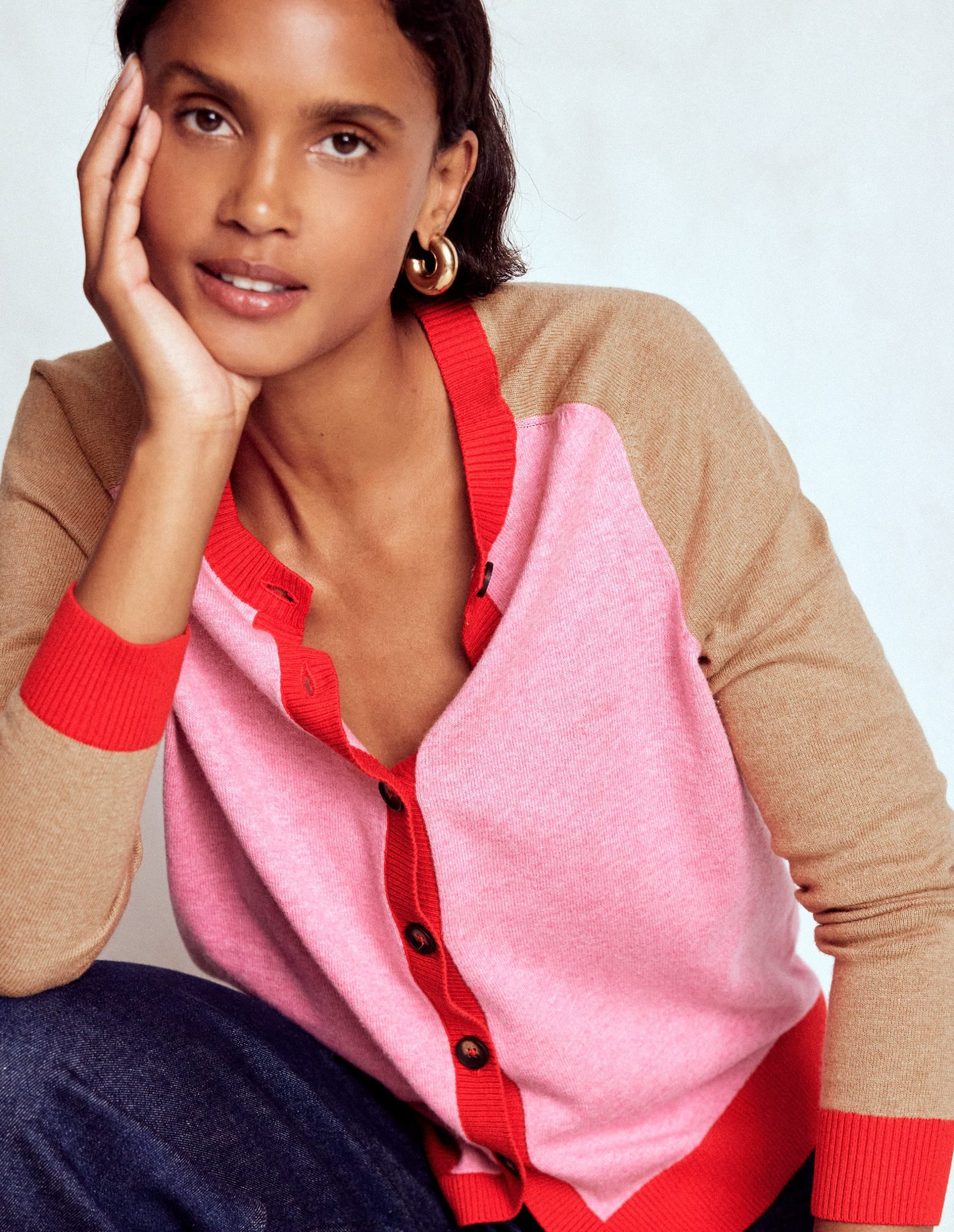 Meg Raglan Sleeve Cardigan-Camel. Pink Colour Block - Image 2