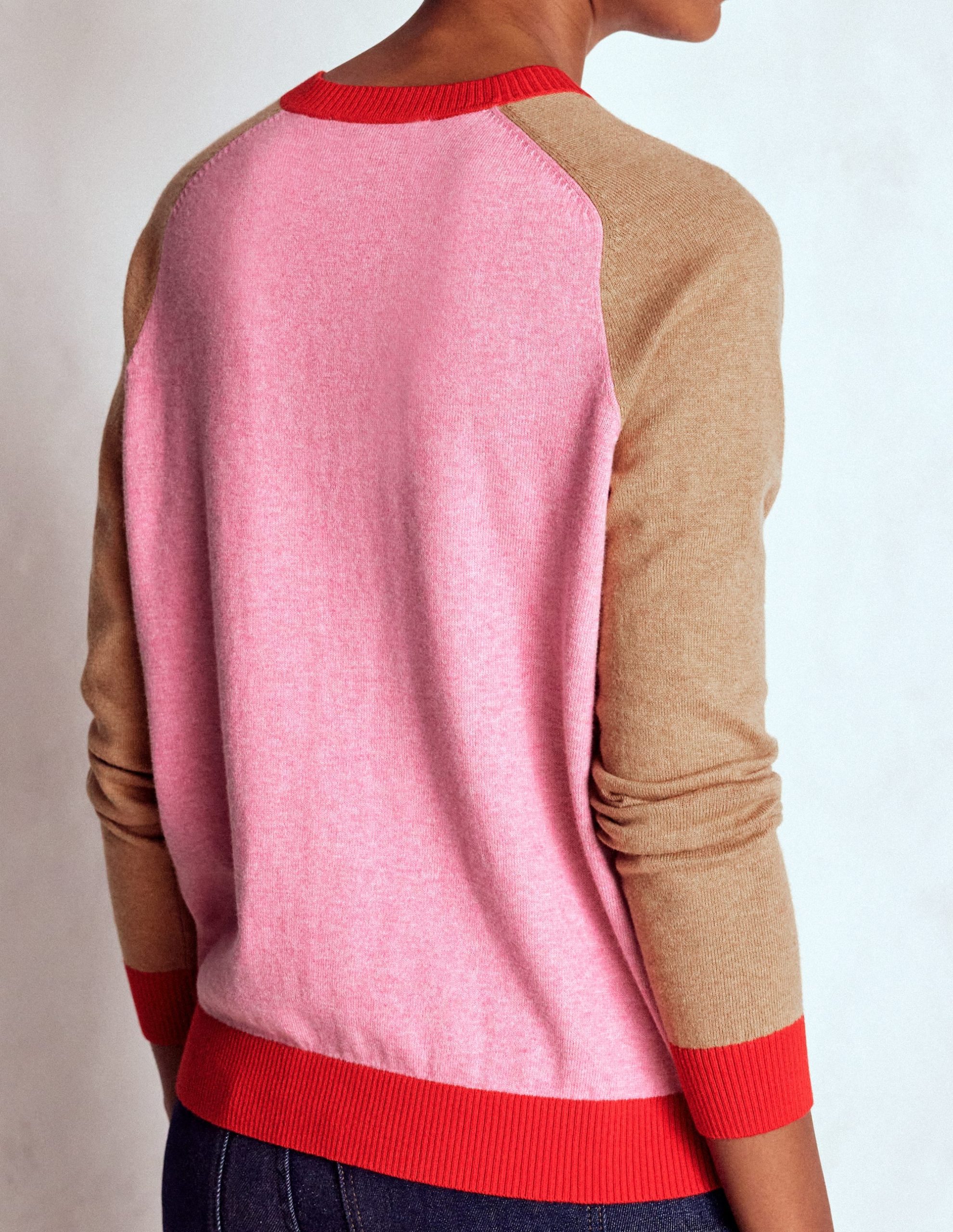 Meg Raglan Sleeve Cardigan-Camel. Pink Colour Block - Image 3