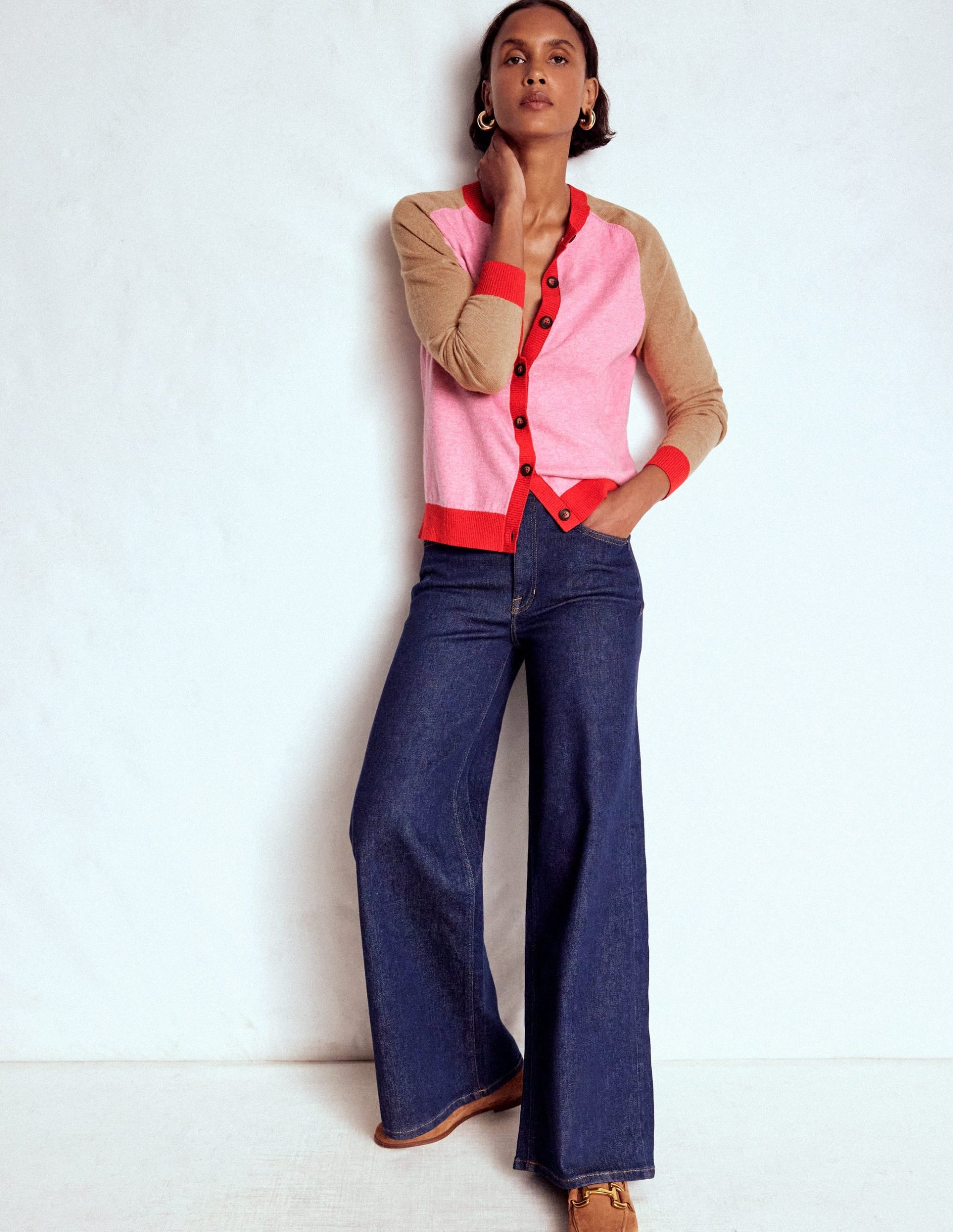 Meg Raglan Sleeve Cardigan-Camel. Pink Colour Block - Image 4