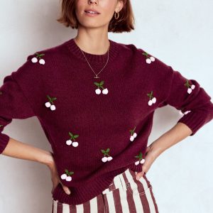 Natalie Embroidered Sweater-Chestnut Melange. Cherry