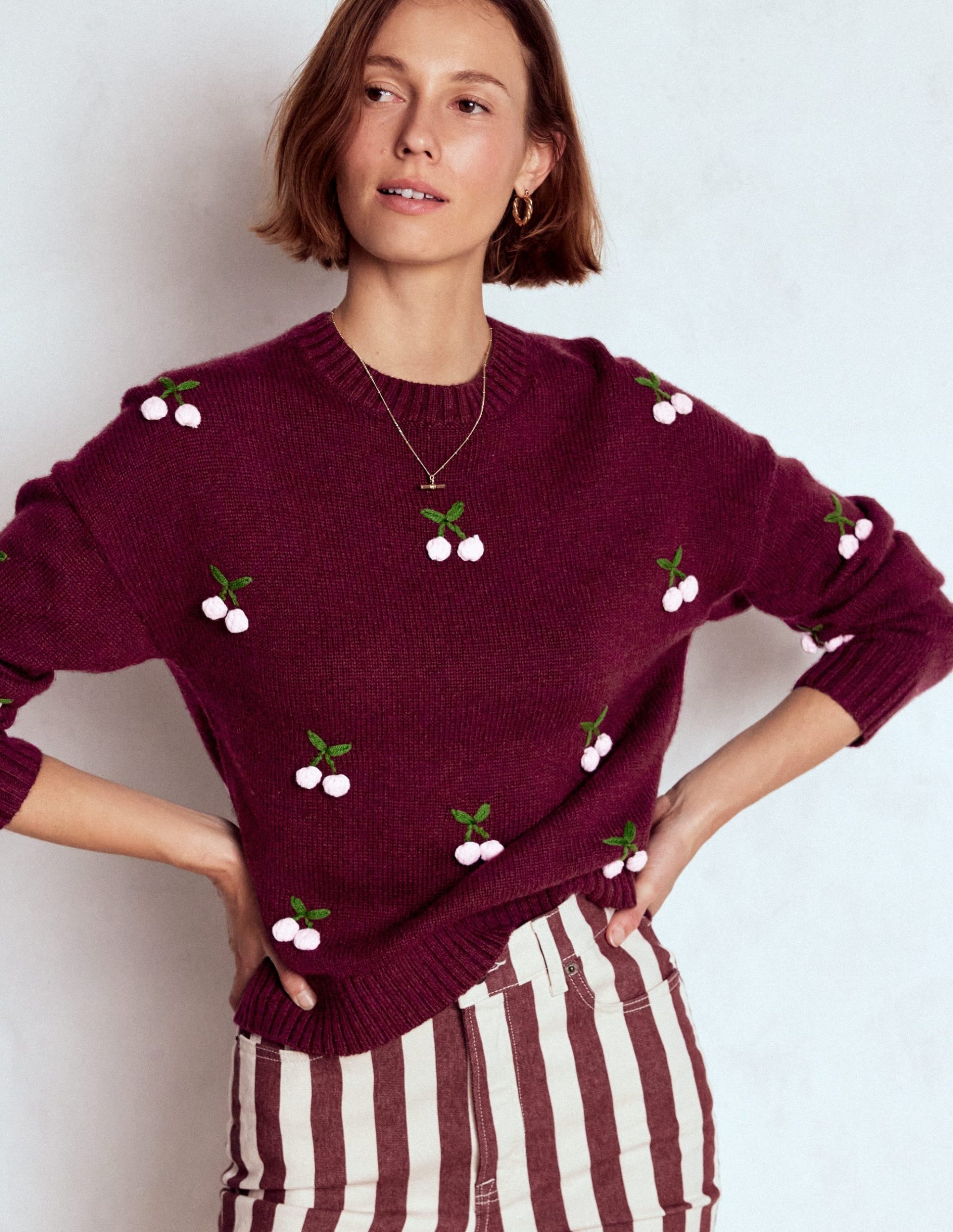Natalie Embroidered Sweater-Chestnut Melange. Cherry
