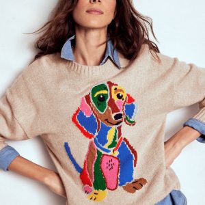 Natalie Embroidered Sweater-Oatmeal Melange. Daschund