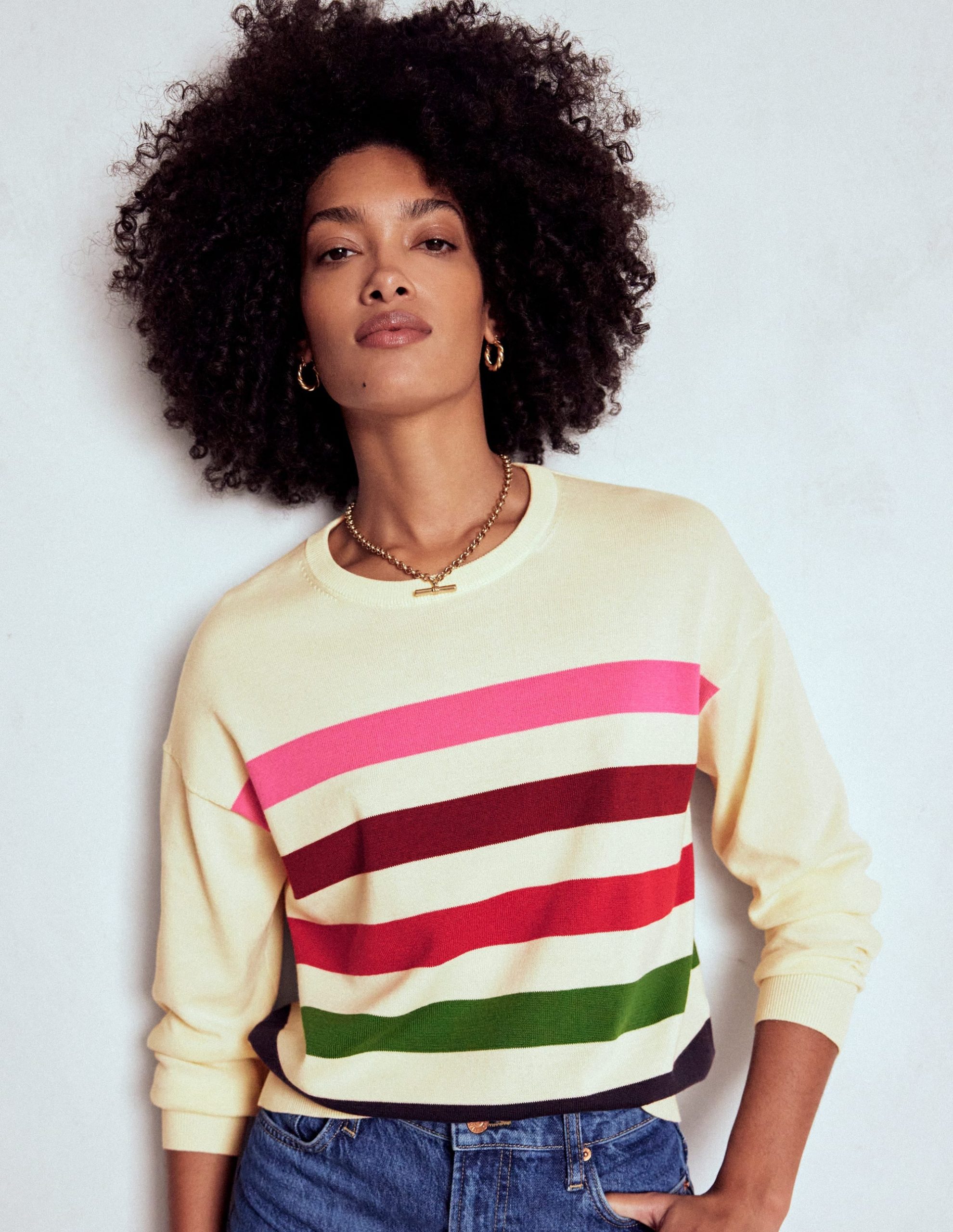 Lara Relaxed Cotton Jumper-Ivory. Multi Stripe