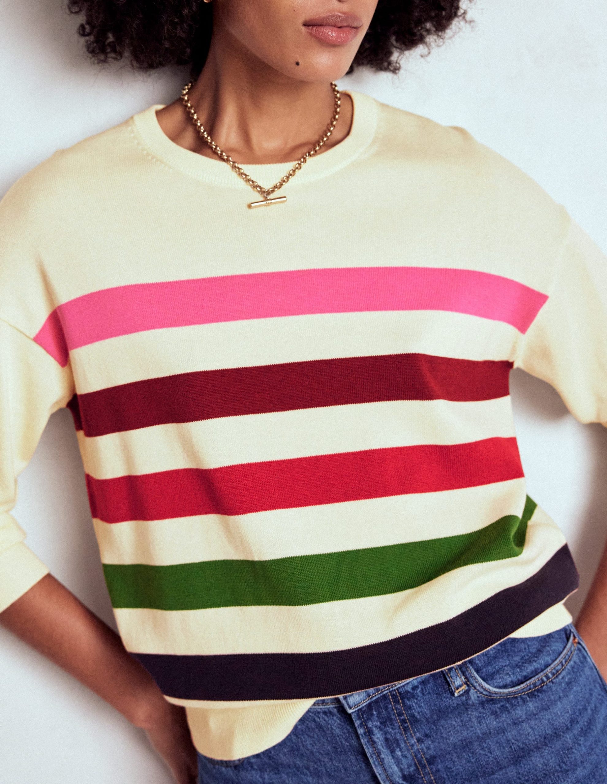 Lara Relaxed Cotton Jumper-Ivory. Multi Stripe - Image 2