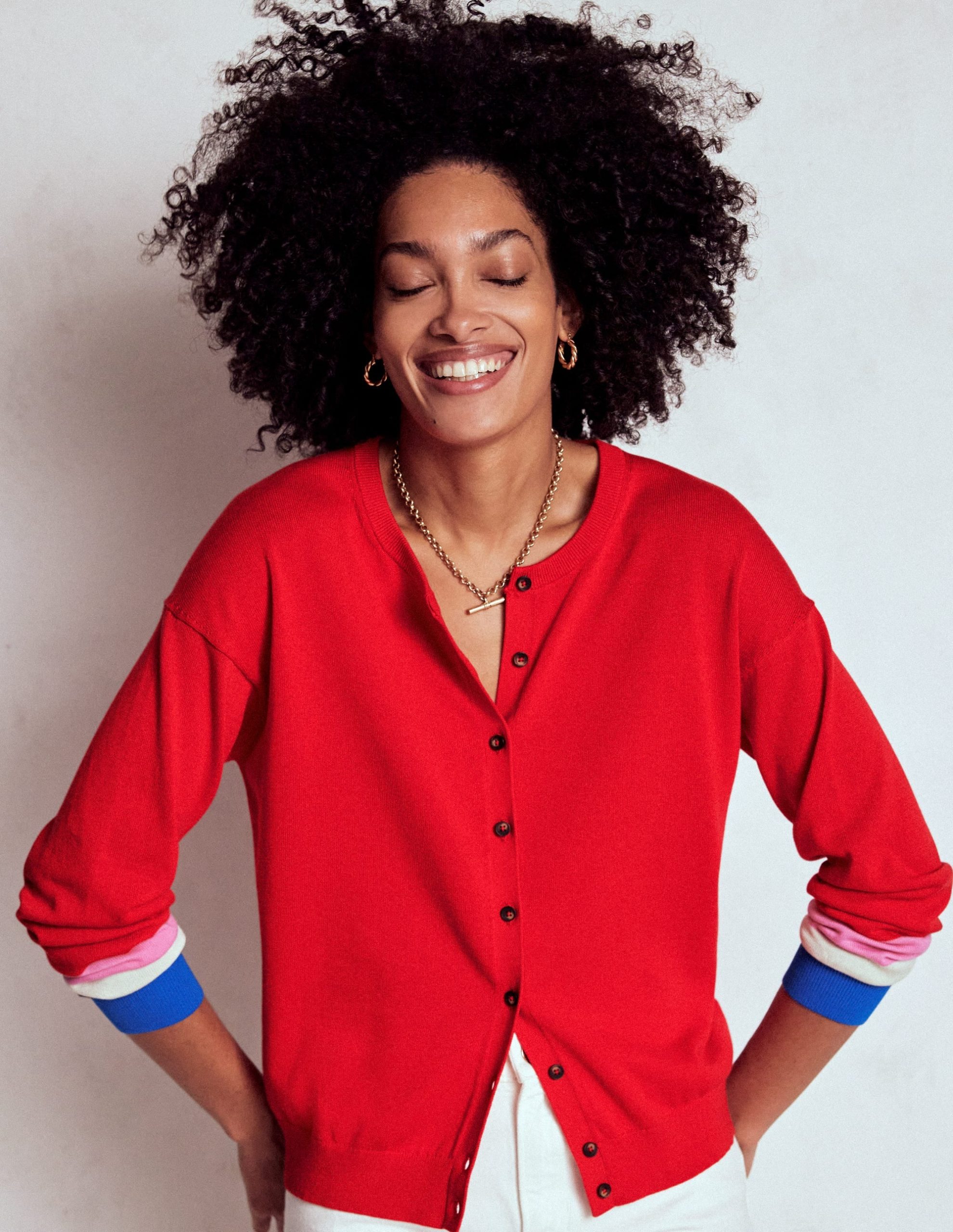 Lara Relaxed Cotton Cardigan-Poppy Red. Cuff Stripe