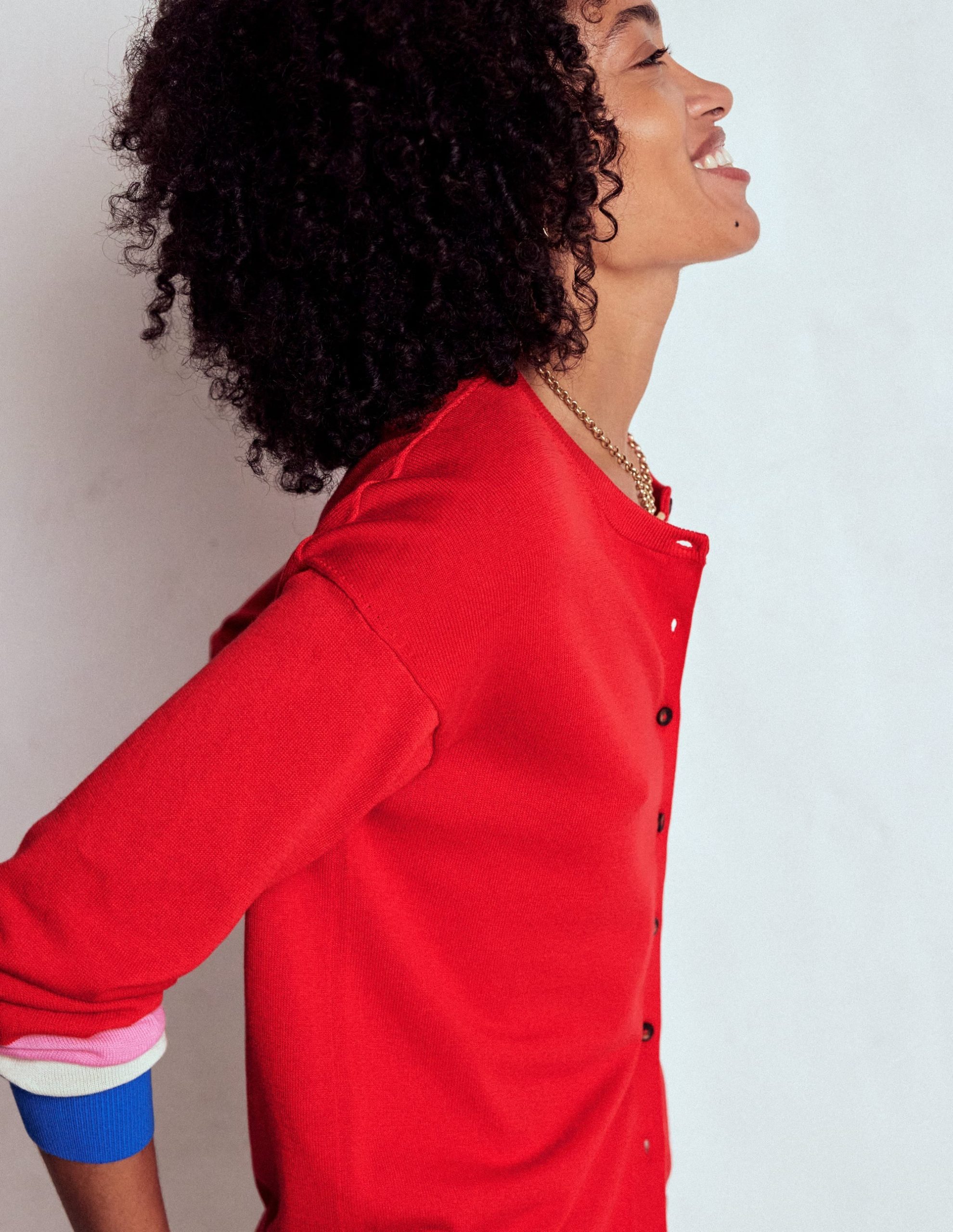 Lara Relaxed Cotton Cardigan-Poppy Red. Cuff Stripe - Image 2