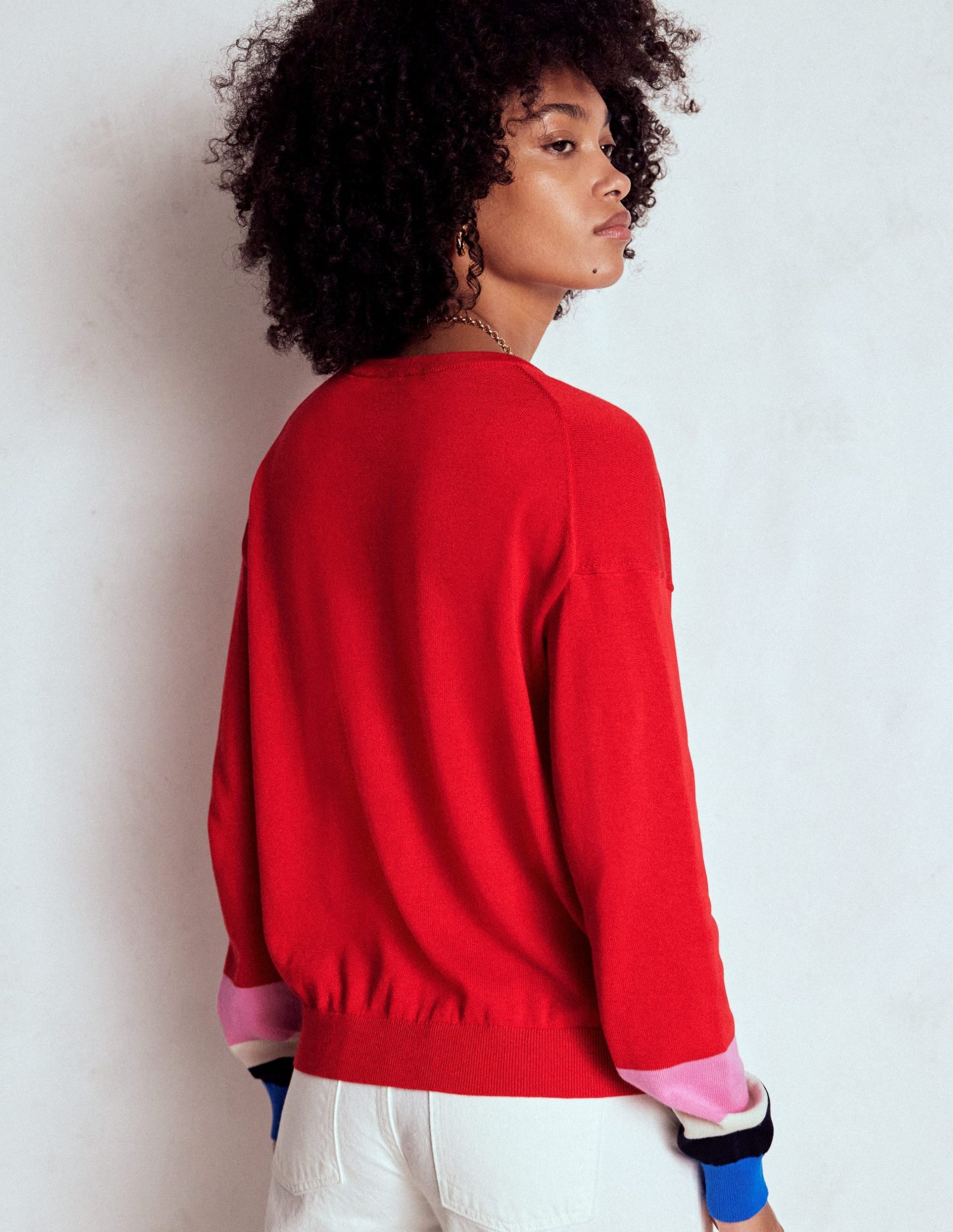 Lara Relaxed Cotton Cardigan-Poppy Red. Cuff Stripe - Image 3