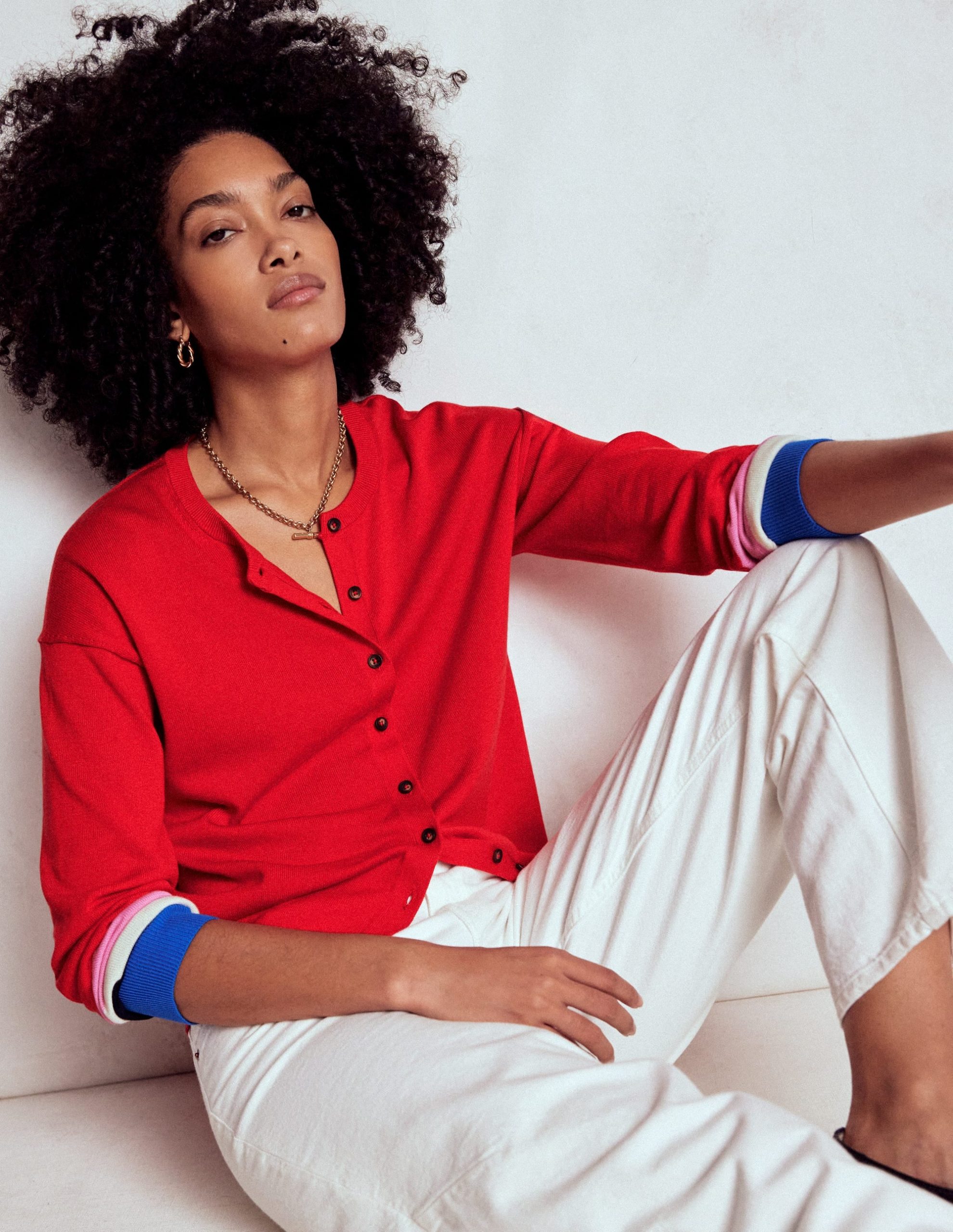 Lara Relaxed Cotton Cardigan-Poppy Red. Cuff Stripe - Image 4