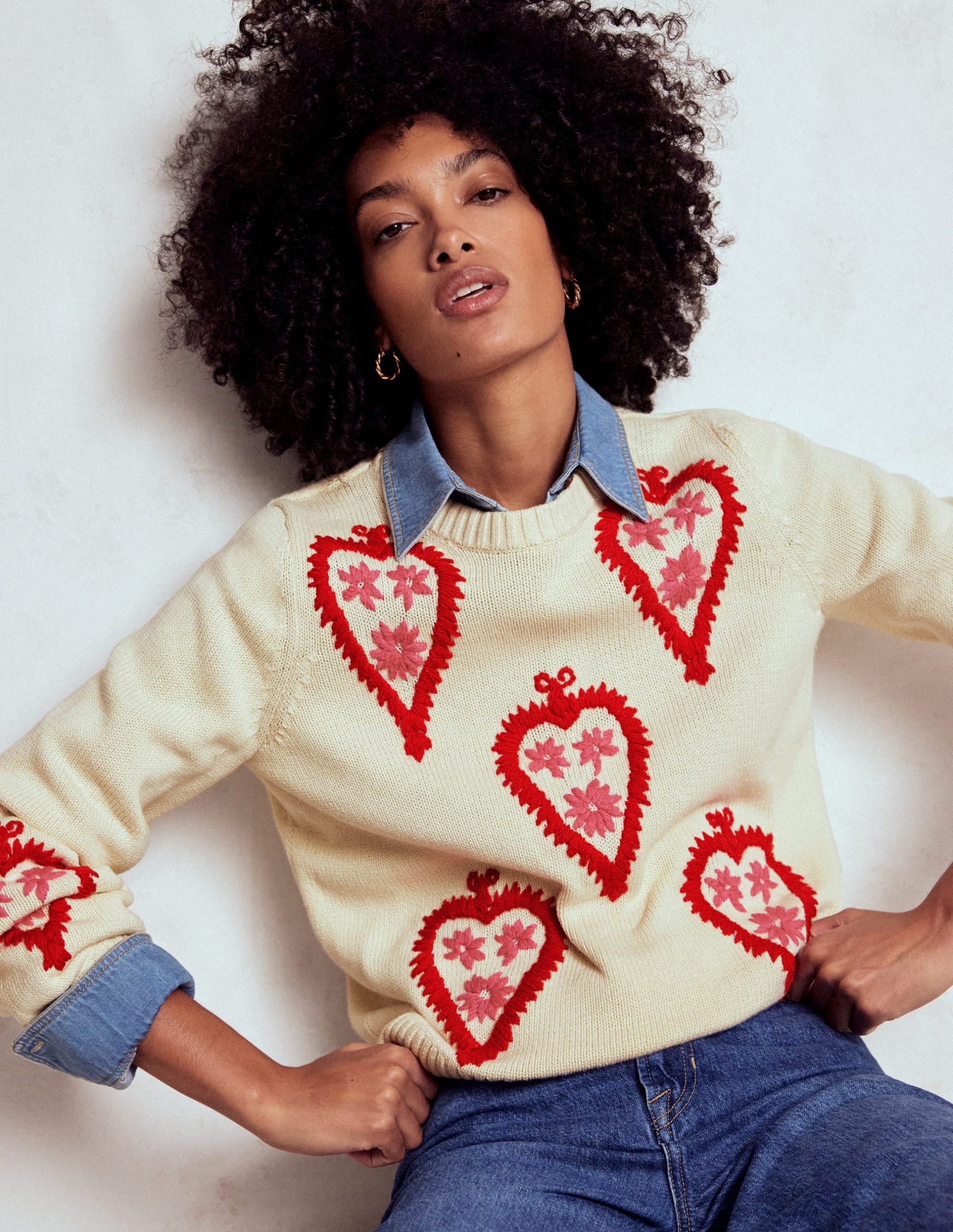 Graphic Embroidered Sweater-Warm Ivory. Hearts
