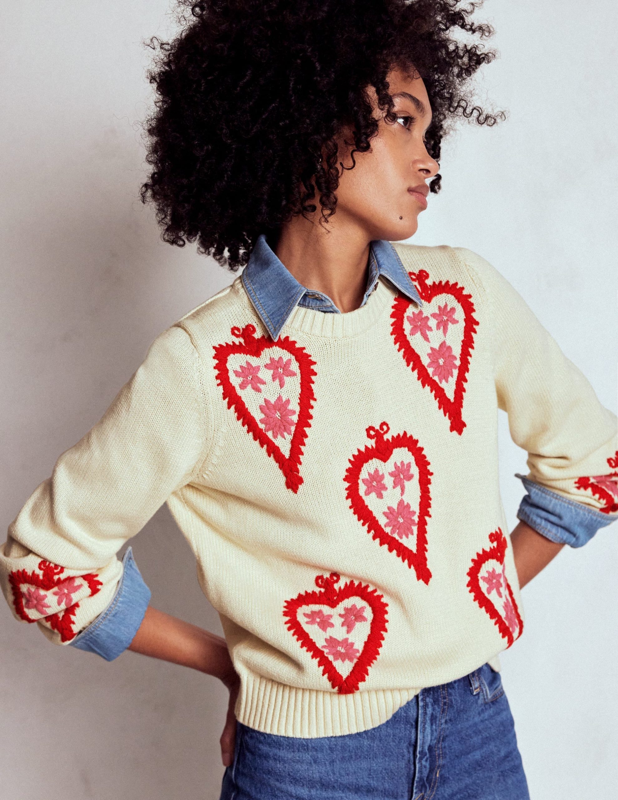 Graphic Embroidered Sweater-Warm Ivory. Hearts - Image 4