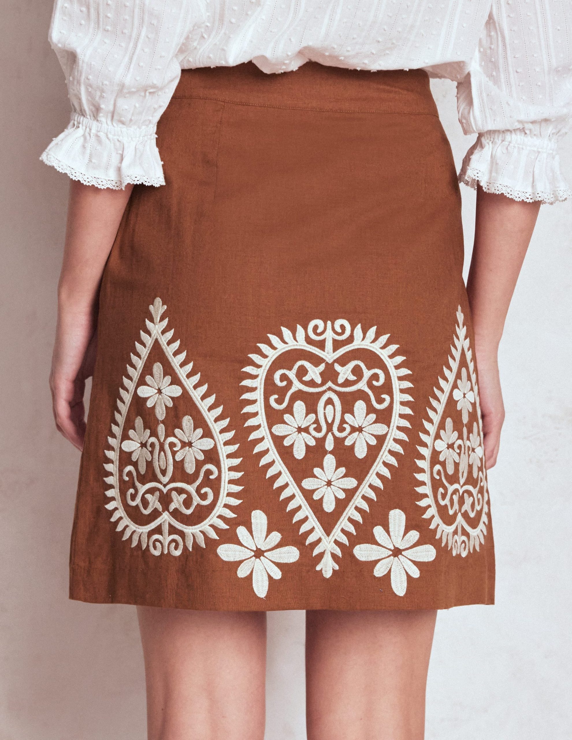 Embroidered Linen Skirt-Russet - Image 4