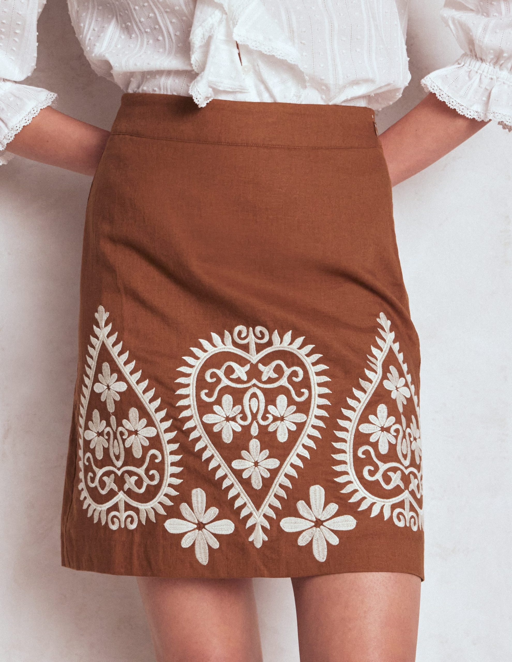 Embroidered Linen Skirt-Russet - Image 5